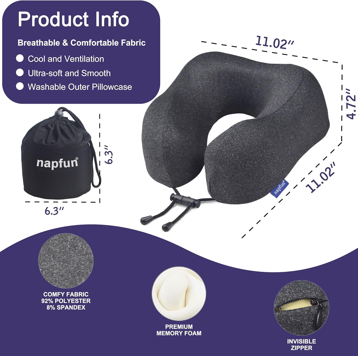 napfun Neck Pillow for Traveling, Upgraded Travel Neck Pillow for Airplane 100% Pure Memory Foam Travel Pillow for Flight Headrest Sleep…