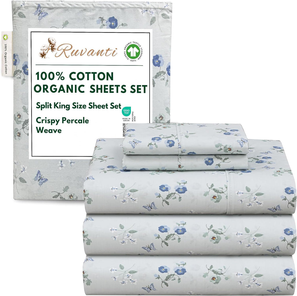 Ruvanti 100% Cotton Organic Percale Sheets Split King Size – Crisp Cooling Bed Sheets for Hot Sleepers, Deep Pocket 15”, Soft Peach Finish,…