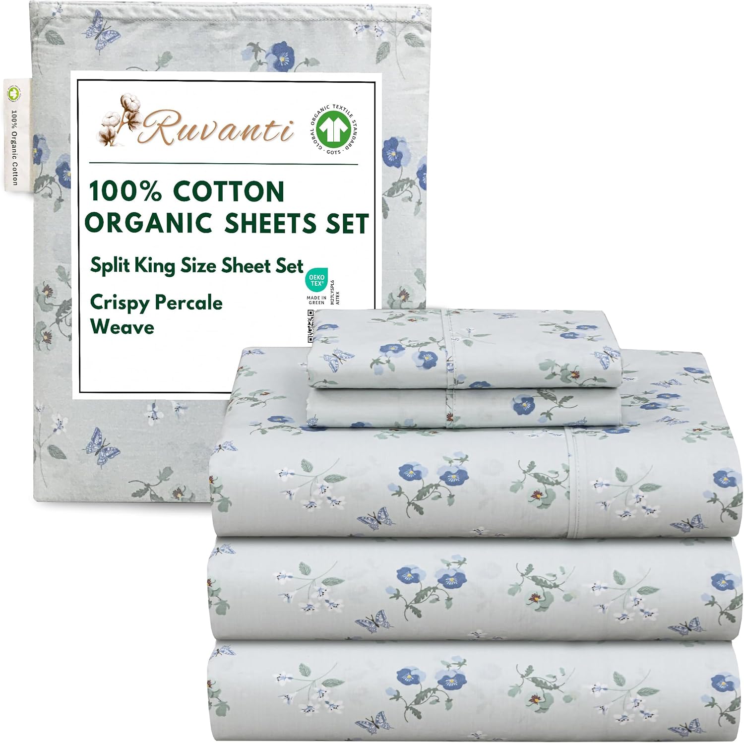 Ruvanti 100% Cotton Organic Percale Sheets Split King Size – Crisp Cooling Bed Sheets for Hot Sleepers, Deep Pocket 15”, Soft Peach Finish,…