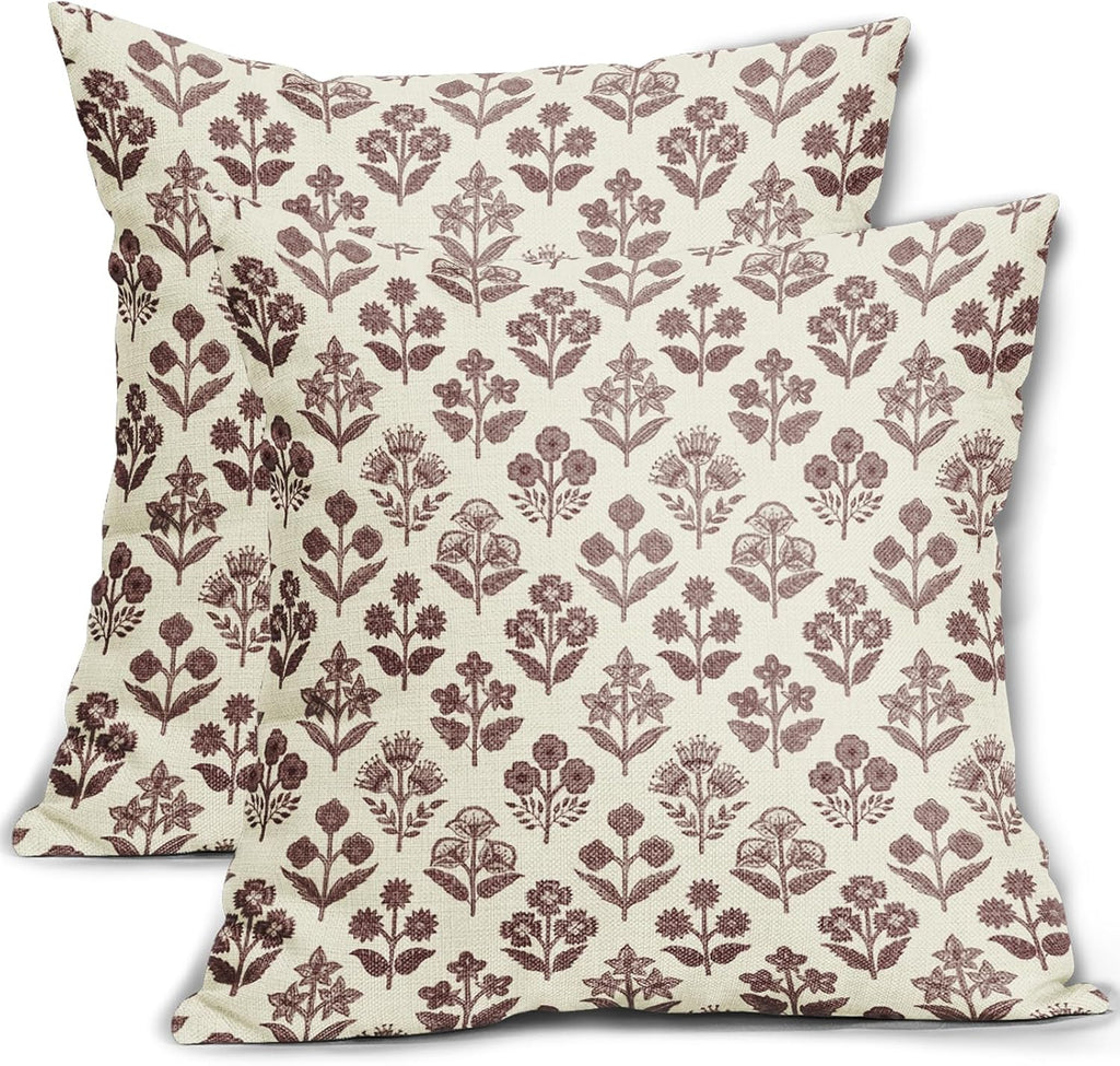 Burgundy Red Floral Pillow Covers 20x20 Inch Set of 2, Vintage Flower Block Print Pattern Decorative Throw Pillowcases Outdoor Farmhouse…
