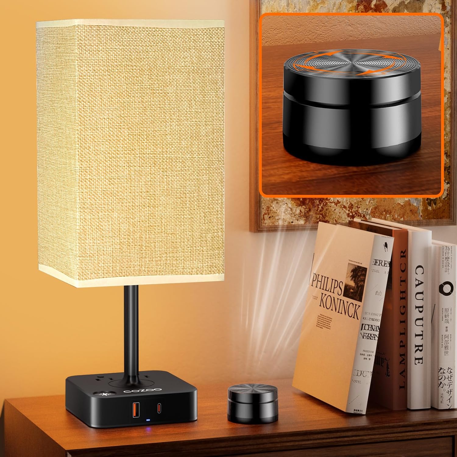 Bedside Lamp with Remote Control & Dimmable Light, 2 AC Outlets + USB-C/USB-A Charging Ports, Beige Shade Nightstand Table Desk Lamp for…