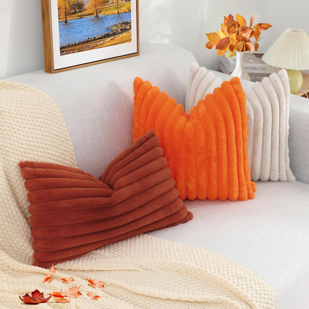 decorUhome Summer Cozy Faux Fur Throw Pillow Covers 18x18 Set of 2 Decorative Soft Plush Striped Modern Farmhouse Boho Couch Pillow Cases w…