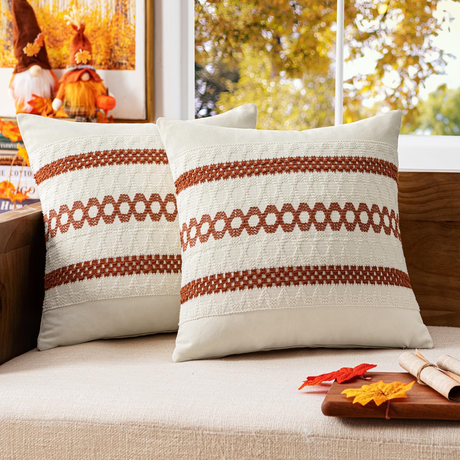 MIULEE Set of 2 Burnt Orange Decorative Pillow Covers 18x18 Inch Farmhouse Rustic Boho Couch Throw Pillows Modern Cotton Cushion Covers…