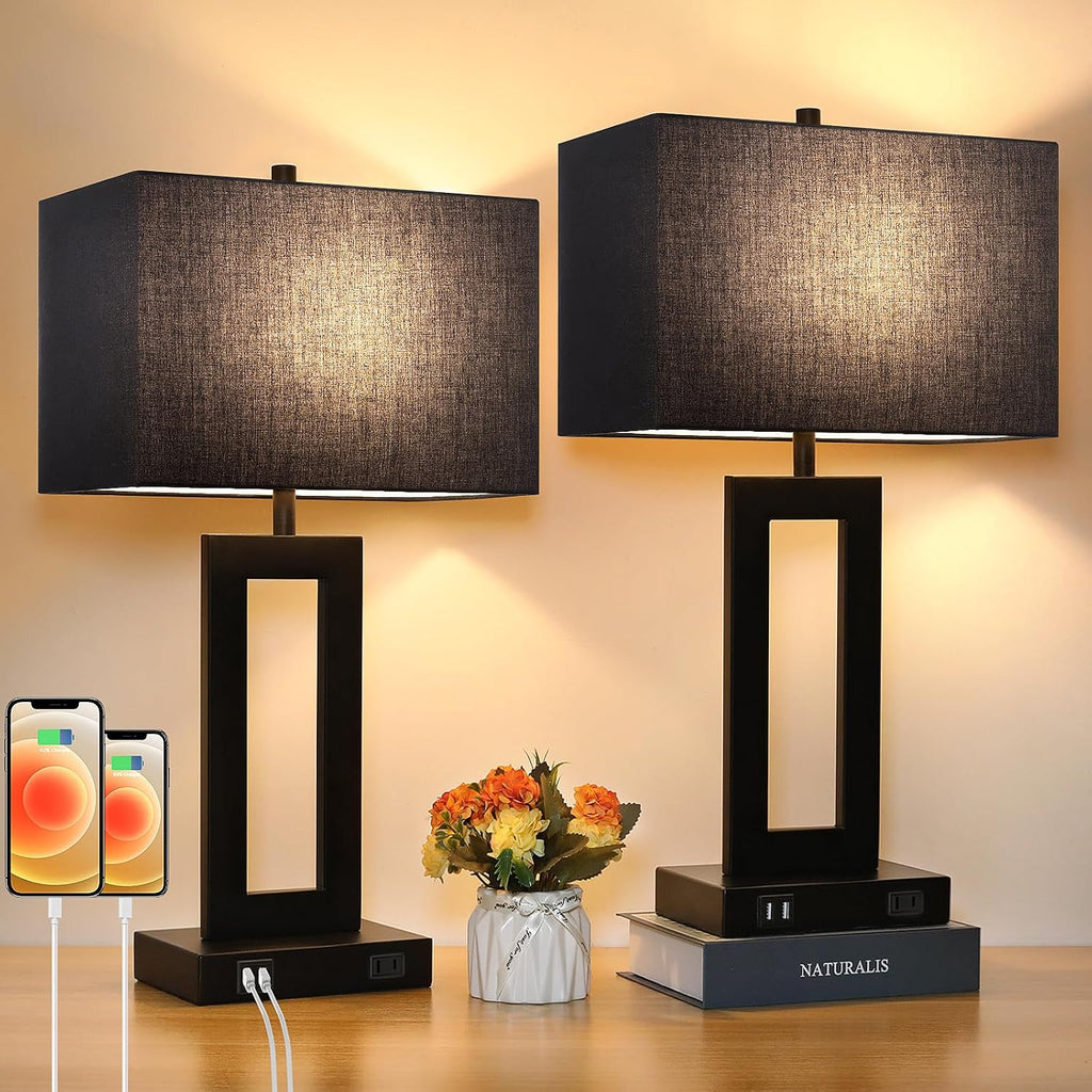 Tobusa Set of 2 Touch Control Table Lamps with 2 USB Ports&AC Outlet, 3-Way Dimmable Modern Nightstand Lamp Sets, Bedside Black Lamps for B…
