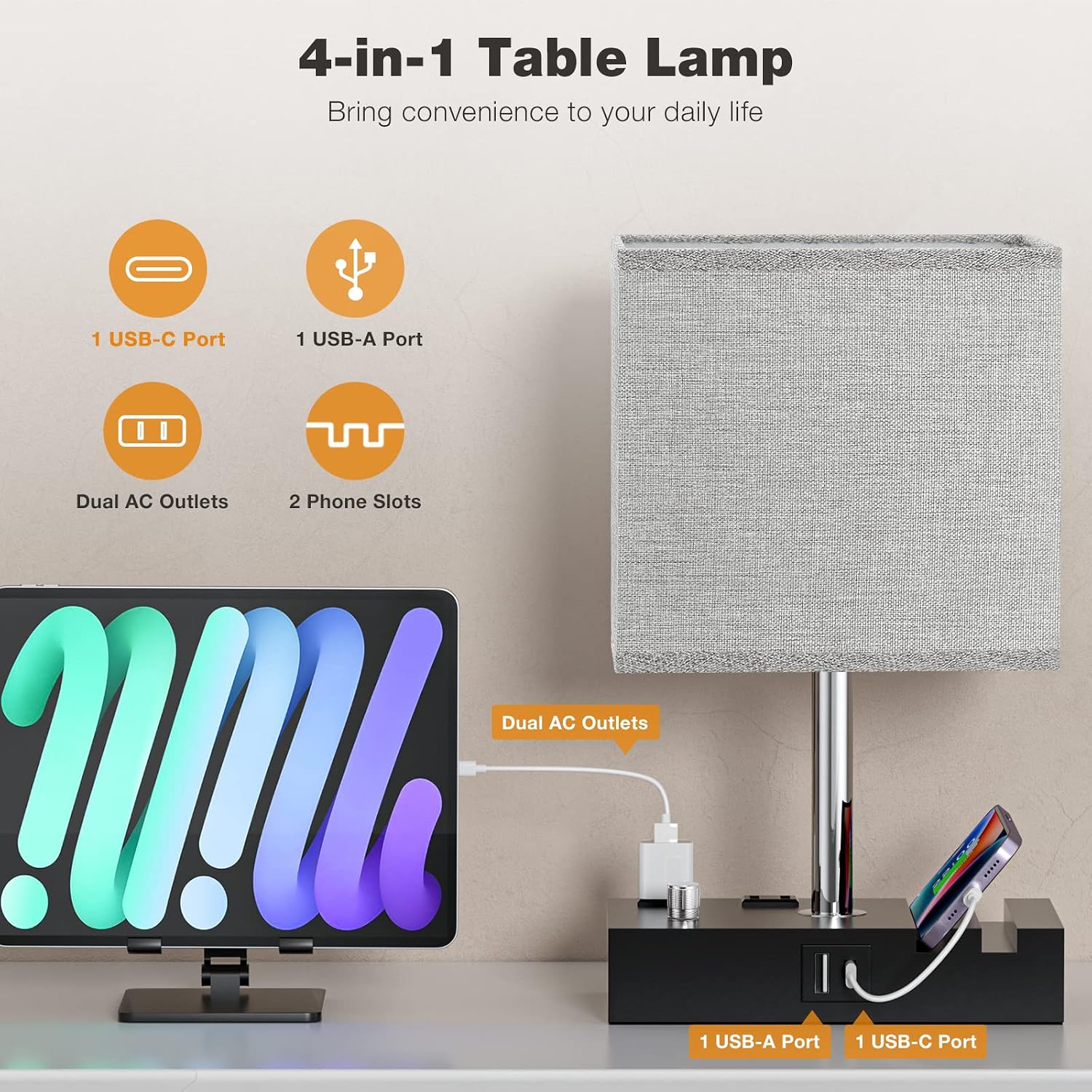 Kakanuo Fully Dimmable Bedside Lamps for Bedroom with USB C Ports, Grey USB Table Lamp Set of 2, Wooden Desk Lamp with 2 Charging Outlets…