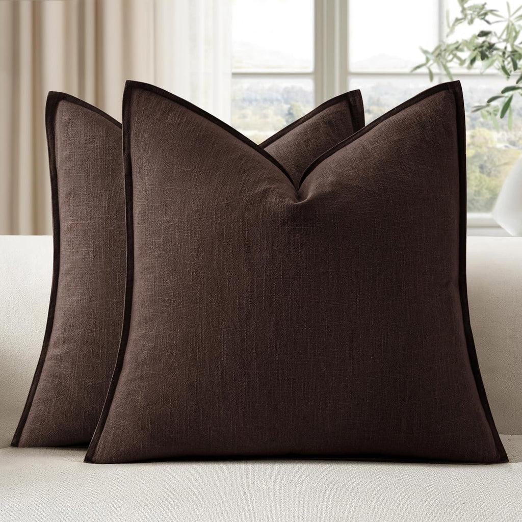 EMEMA Throw Pillow Covers Decorative Linen Pillow Covers 22x22 Inch Dark Brown Boho Farmhouse Neutral Couch Throw Pillows for Bed Pack of…