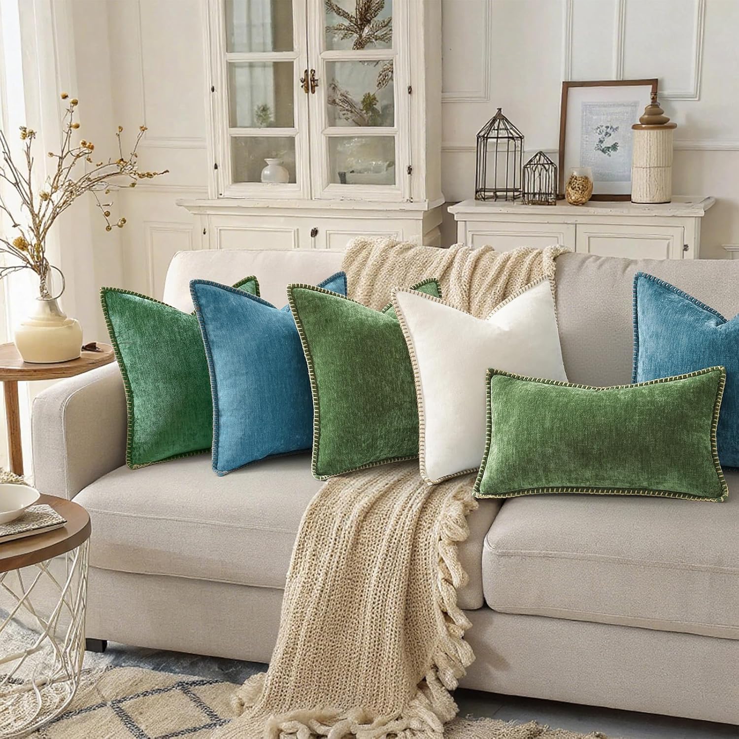 decorUhome Summer Chenille Soft Cozy Throw Pillow Covers 18x18 Set of 2, Modern Farmhouse Boho Velvet Decorative Pillow Cases with Stitched…