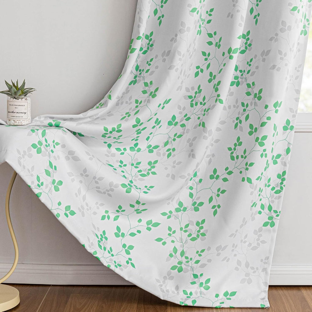 Meetsky 95% Blackout Curtains for Bedroom, Green and Grey Leaf Curtains 84 Inches Long 2 Panels, Patterned Curtain Living Room Thermal Insu…