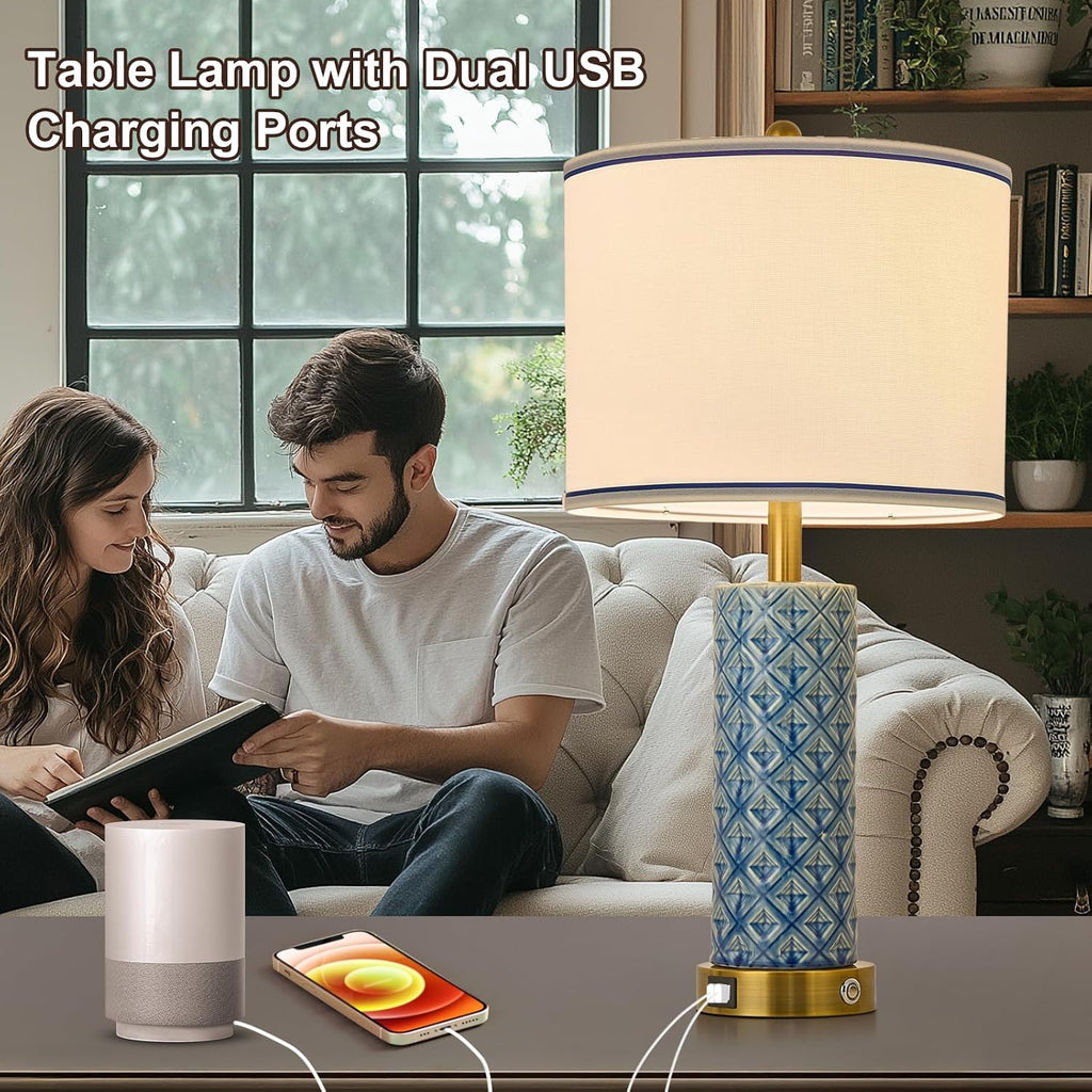Set of 2 Table Lamp for Living Room Bedroom Farmhouse,26'' Touch Control Bedroom Aqua Blue Ceramic Lamps 3-Way Dimmable Bedside Lamps…