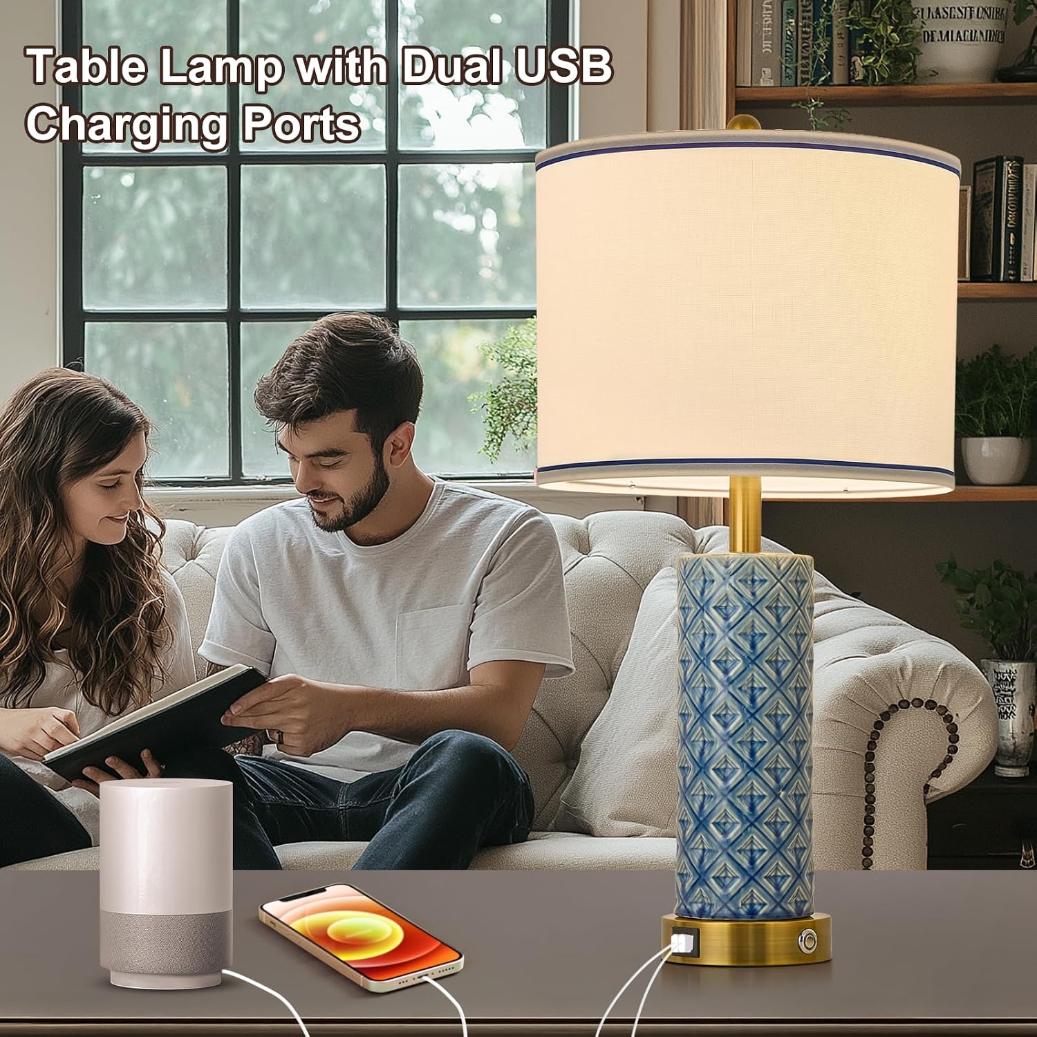 Set of 2 Table Lamp for Living Room Bedroom Farmhouse,26'' Touch Control Bedroom Aqua Blue Ceramic Lamps 3-Way Dimmable Bedside Lamps…