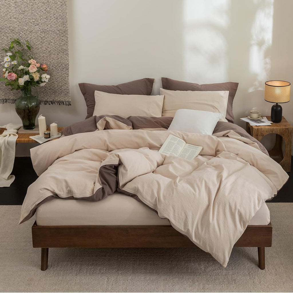 Bdear 3 Pieces Reversible Duvet Cover Set Queen Size 90''W x 90''L, 100% Washed Cotton Duvet Cover with Zipper Closure Plus 2 Pillowcases,…