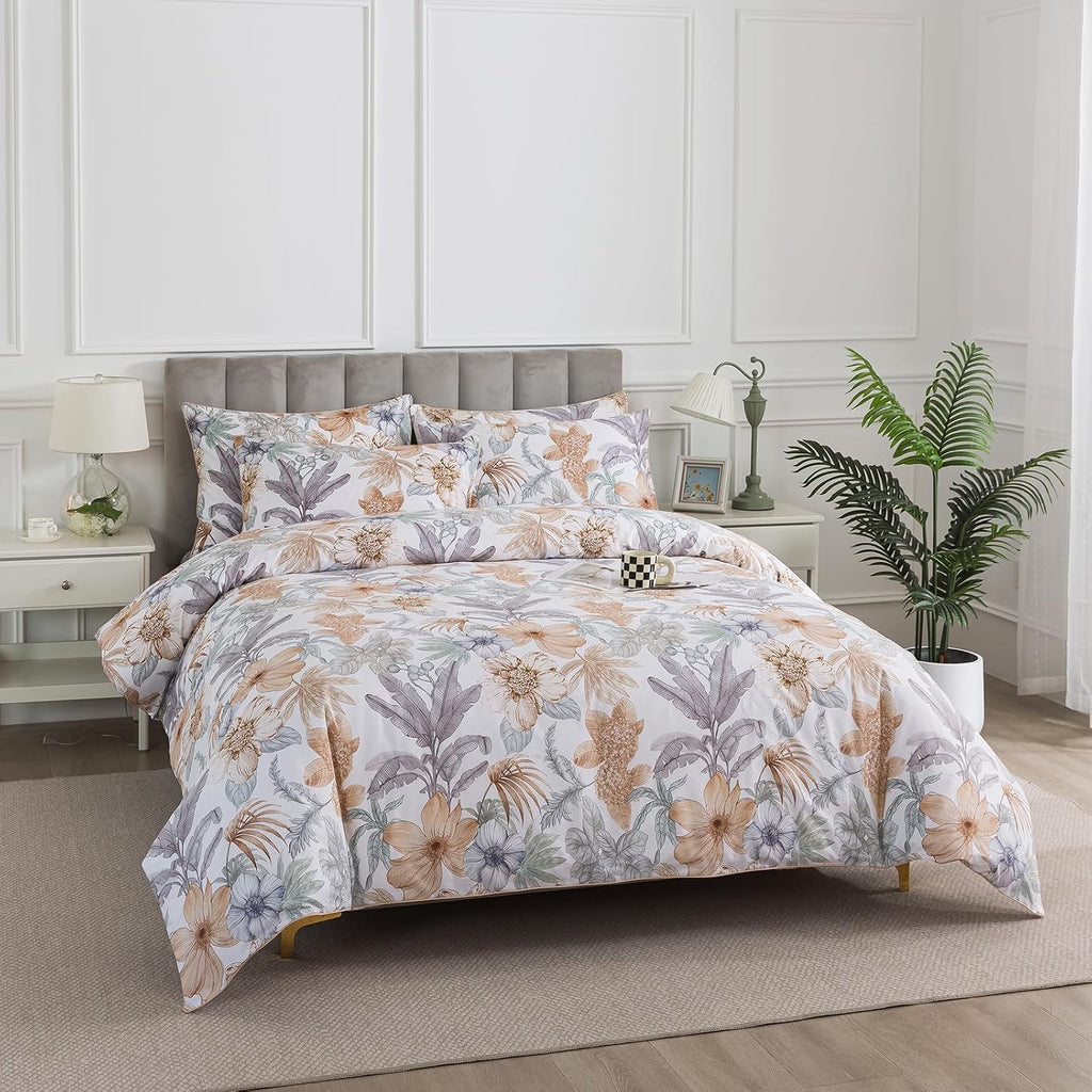 Puralens Tropical Floral Queen Size Duvet Cover Set 100% Cotton Percale, Palm Leaves Reversible Zipper White Duvet Covers, Soft Crisp Moder…