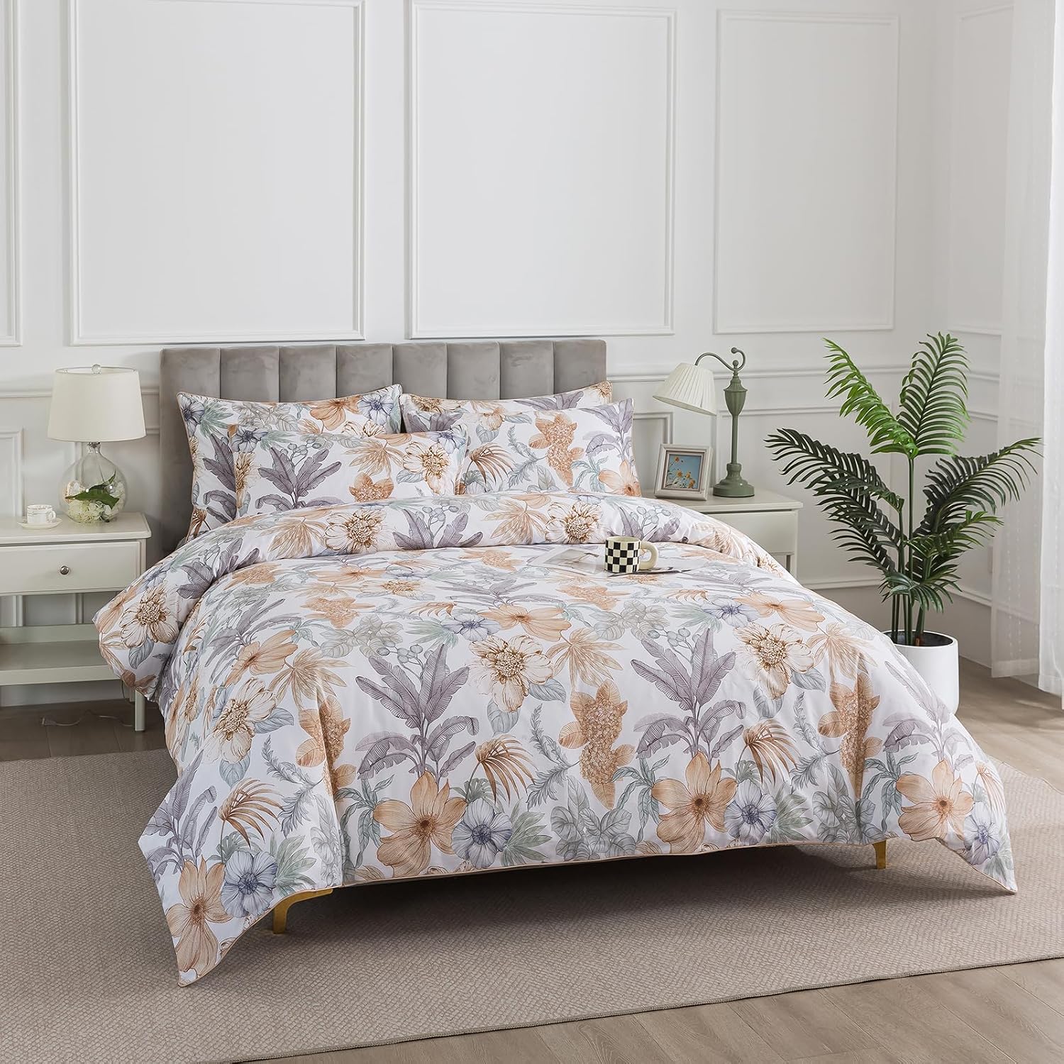 Puralens Tropical Floral Queen Size Duvet Cover Set 100% Cotton Percale, Palm Leaves Reversible Zipper White Duvet Covers, Soft Crisp Moder…