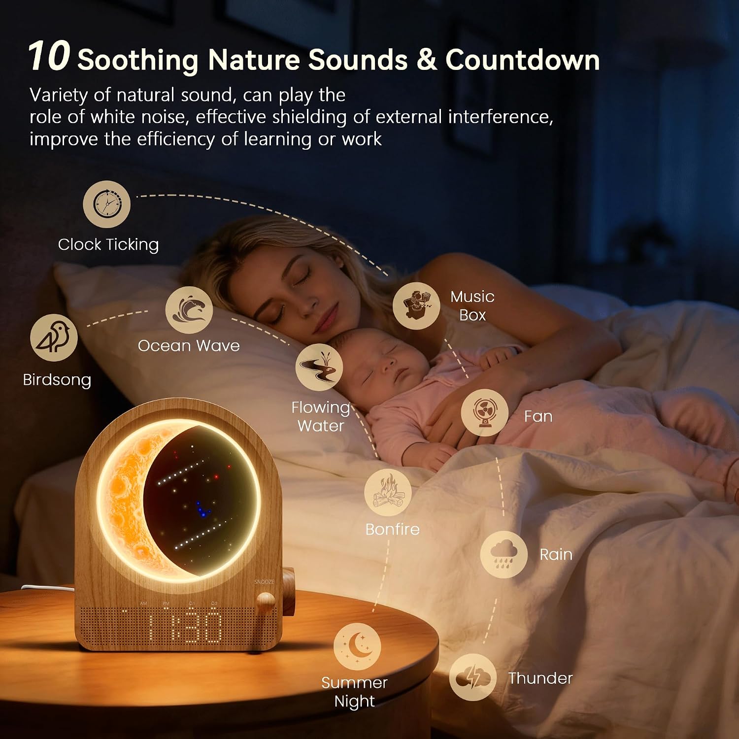 blonbar Sunrise Alarm Clocks with Dimmable Moon Lamp, 2 Alarm Clocks with 12Levels Volume for Heavy Sleepers, 10 Natural Sounds with 30/60/…