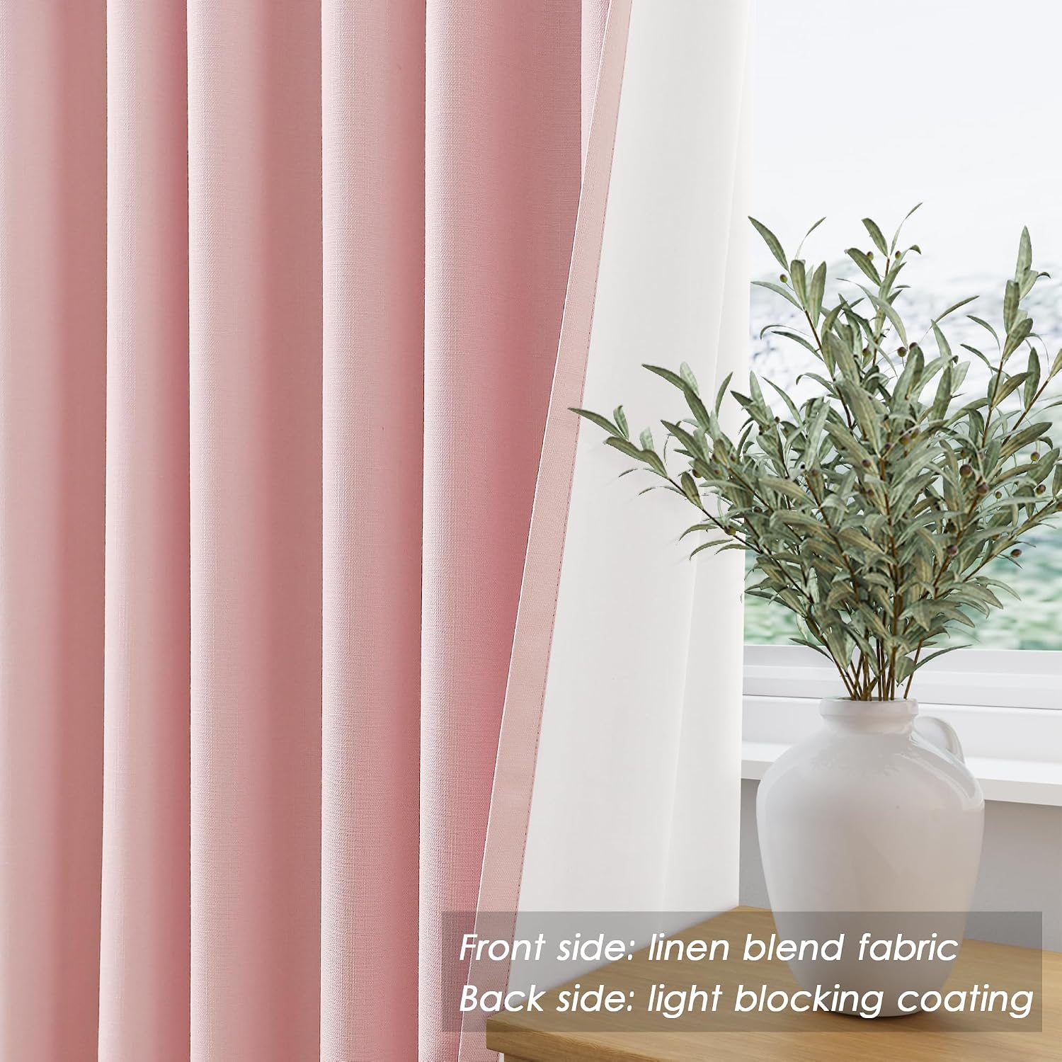 Nanspring Pink 100% Blackout Linen Curtains 84 Inch Length 2 Panels Set for Bedroom Back Tab Modern Farmhouse Decor Black Out Girl Curtain…