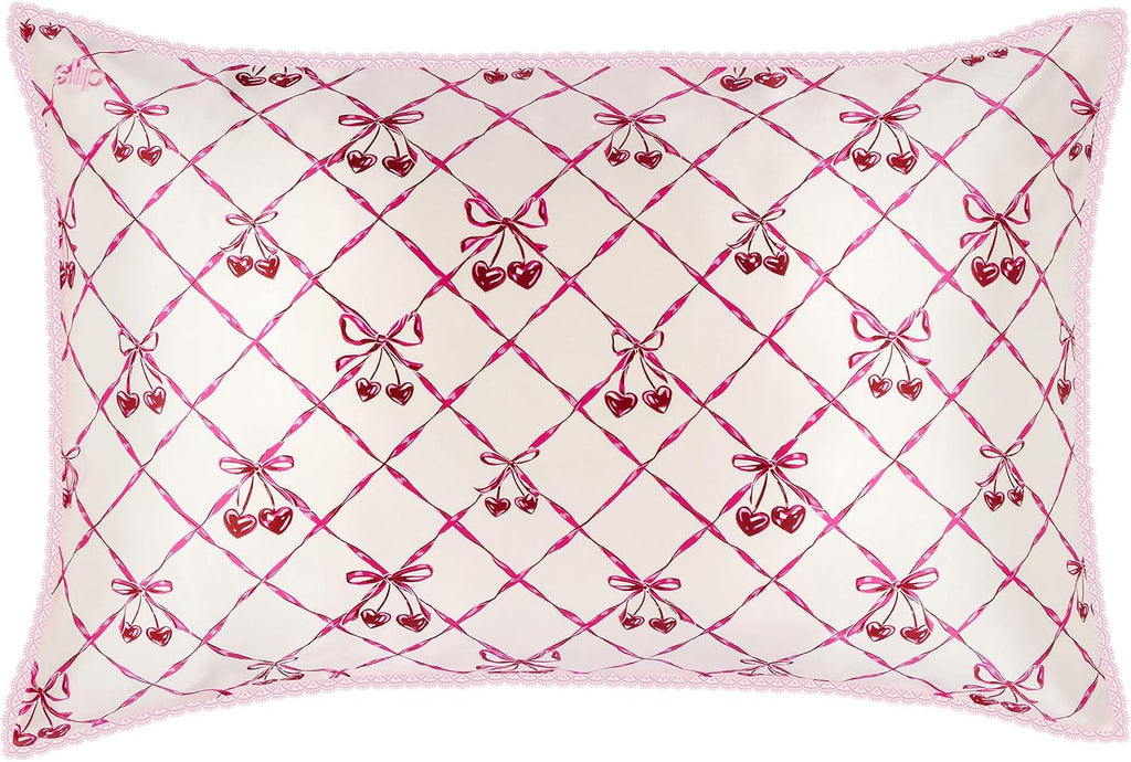 slip Queen Silk Pillowcase – Sweet Cherry Limited Edition with Lace Trim – 100% Pure Mulberry SlipsilkTM – Anti-Frizz, Anti-Crease…