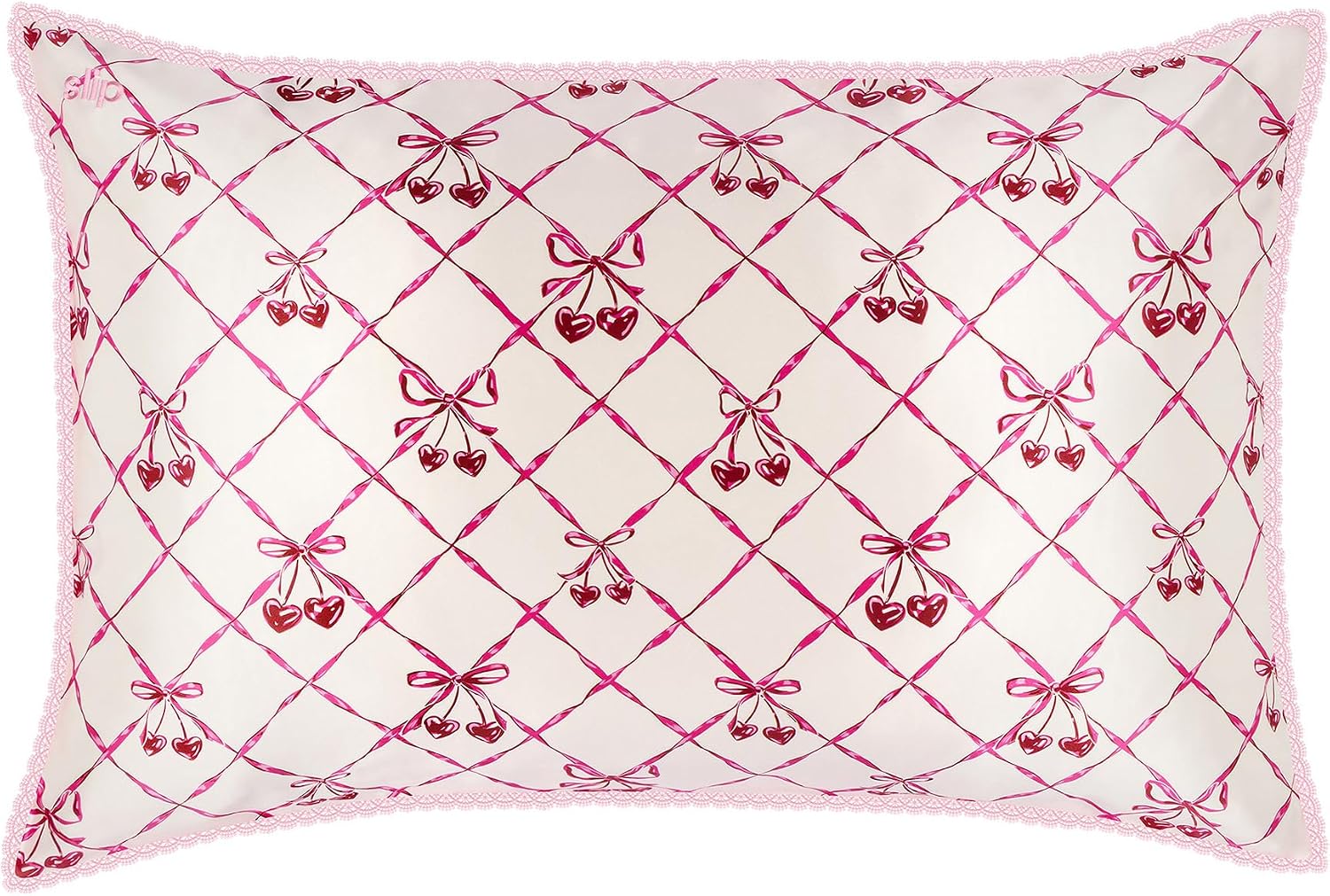 slip Queen Silk Pillowcase – Sweet Cherry Limited Edition with Lace Trim – 100% Pure Mulberry SlipsilkTM – Anti-Frizz, Anti-Crease…