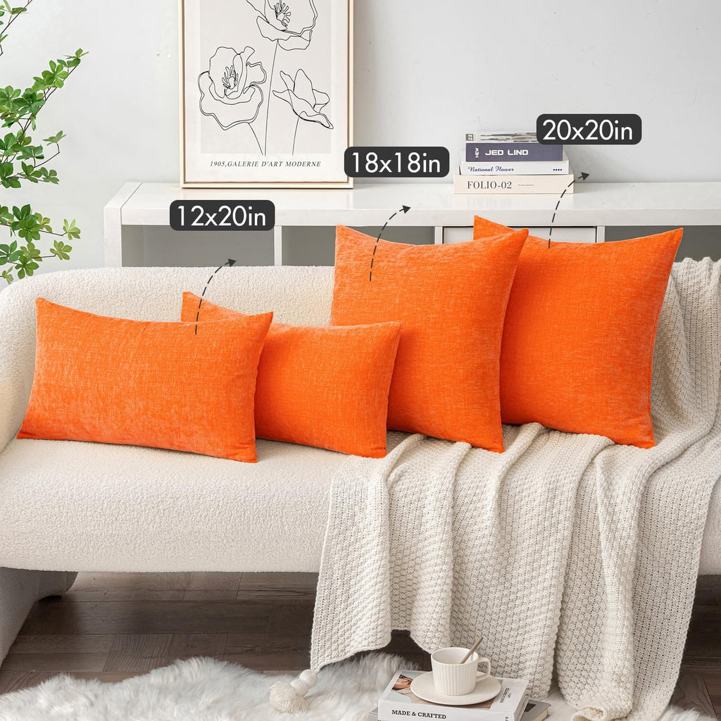 Miulee Pack of 2 Bright Orange Throw Pillow Covers 12x20 Inch Soft Chenille Lumbar Pillow Covers for Sofa Living Room Couch Solid Dyed Cases