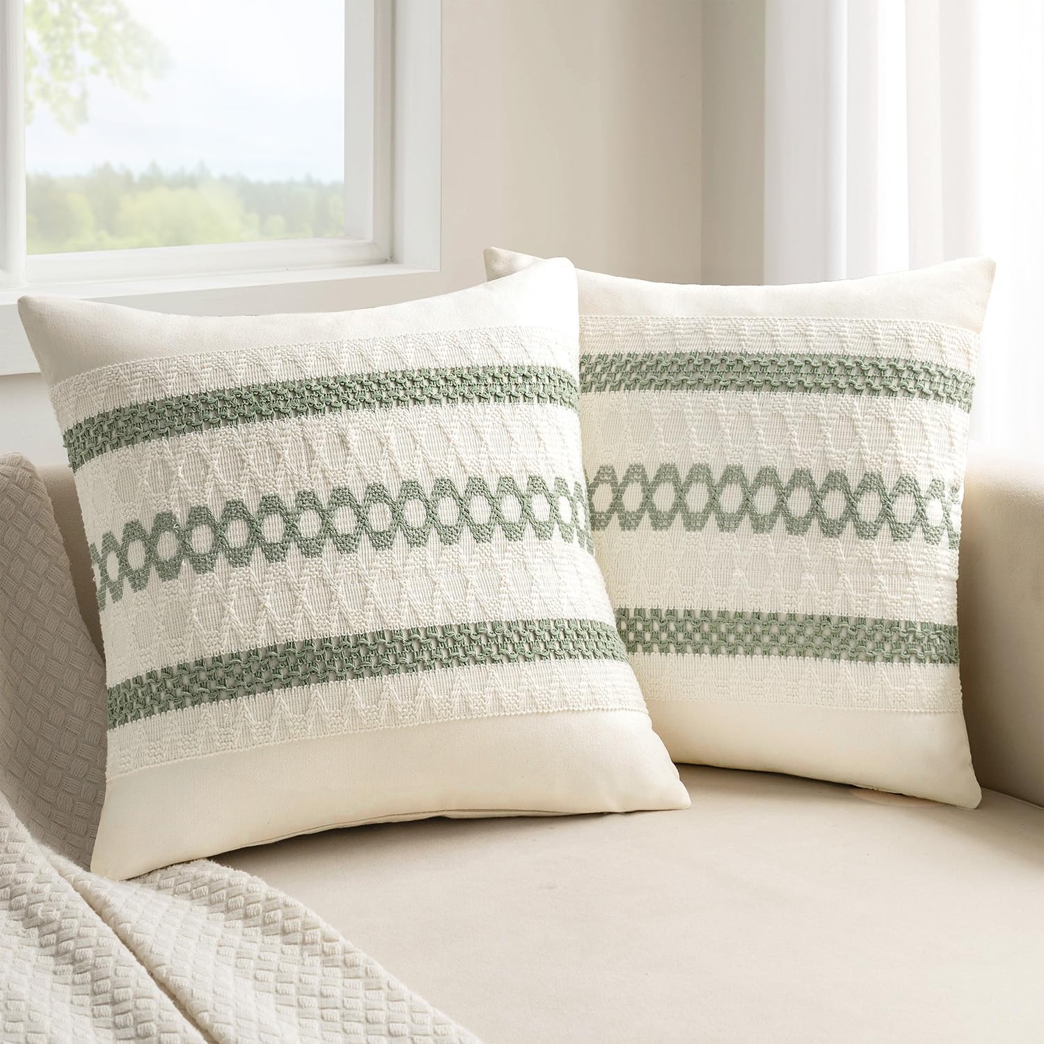 MIULEE Set of 2 Sage Green Boho Decorative Pillow Covers 18x18 Inch Farmhouse Rustic Couch Throw Pillows Modern Summer Cotton Cushion…
