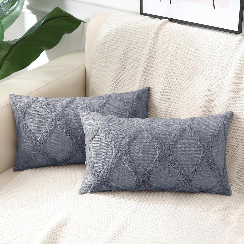 decorUhome Summer Throw Pillow Covers 12x20 Inch Set of 2, Soft Plush Faux Fur Wool Lumbar Blue Grey Accent Couch Pillow Covers for Modern…