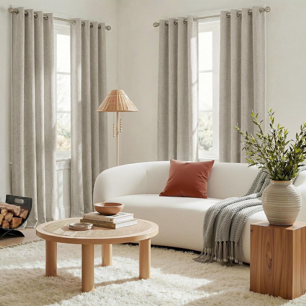 Nicetown 100% Blackout Linen Beige Curtains 84 inches Long for Living Room, White Liner Composite Grommet Bedroom Thermal Drapes Casual Hom…