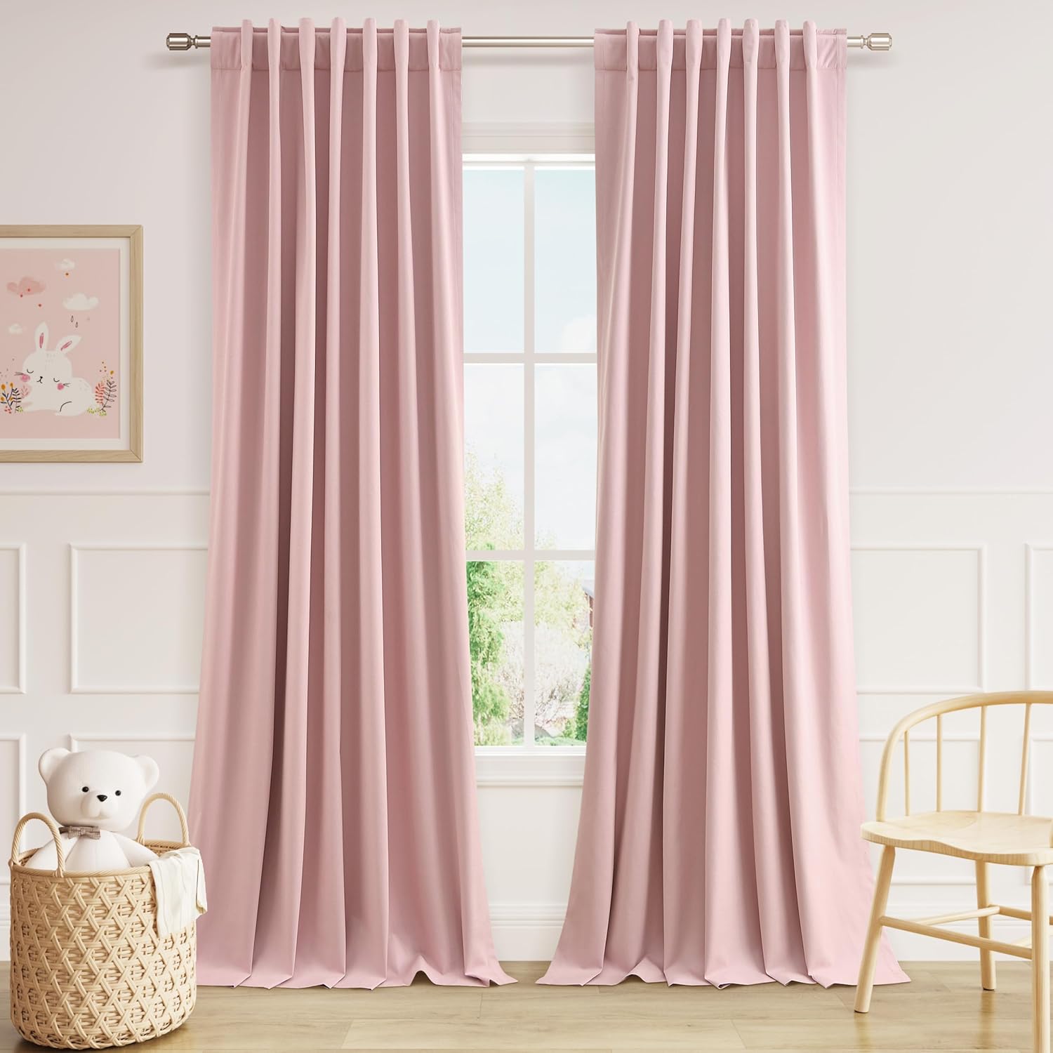 Guken Pink 100% Blackout Linen Curtains 120 Inch 2 Panels Set for Girl's Bedroom, Living Room, Nursery, Back Tab/Rod Pocket Thermal Insulat…