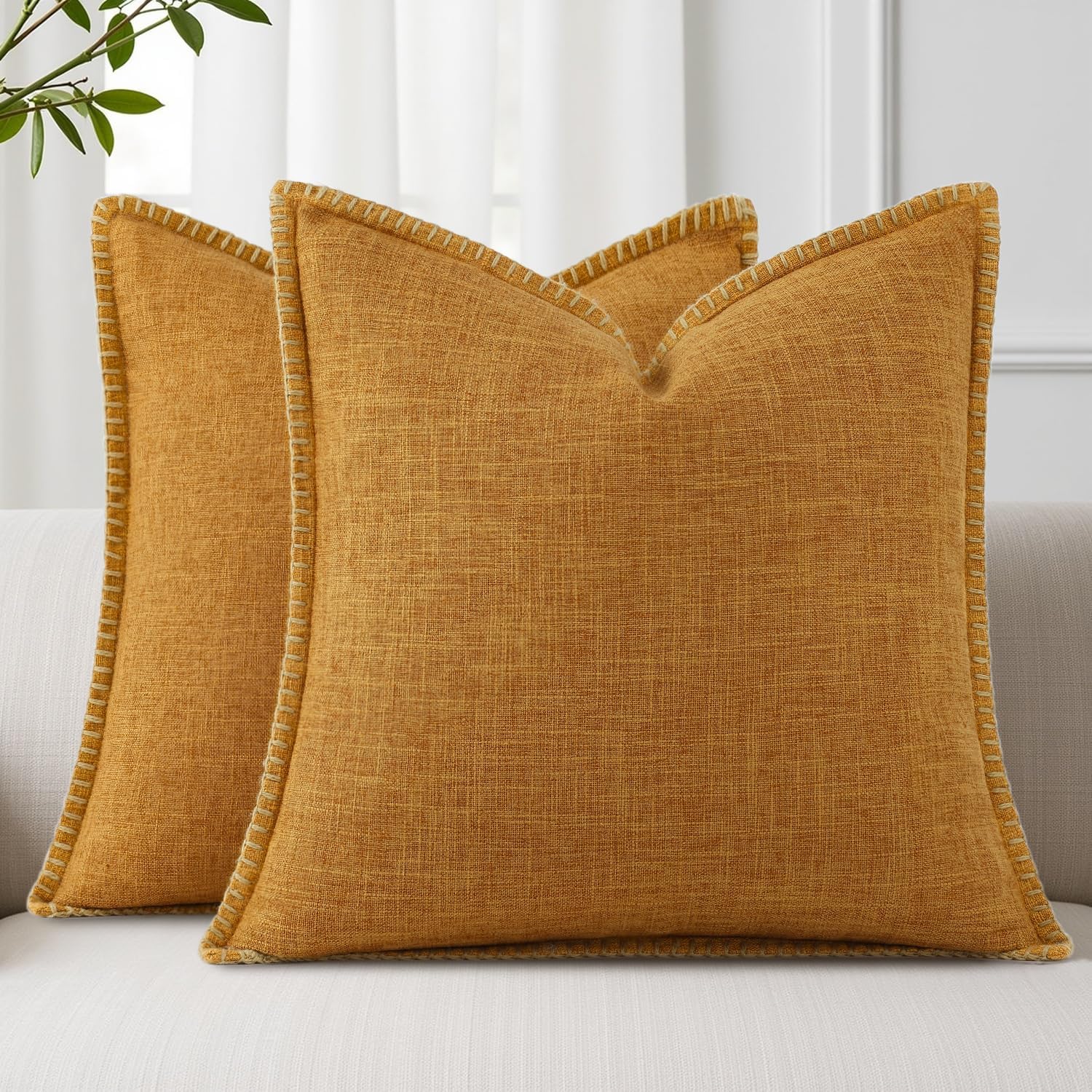 decorUhome Summer Decorative Throw Pillow Covers 16x16 Set of 2 Square Faux Linen Outdoor Neutral Farmhouse Pillow Covers with Stitched…