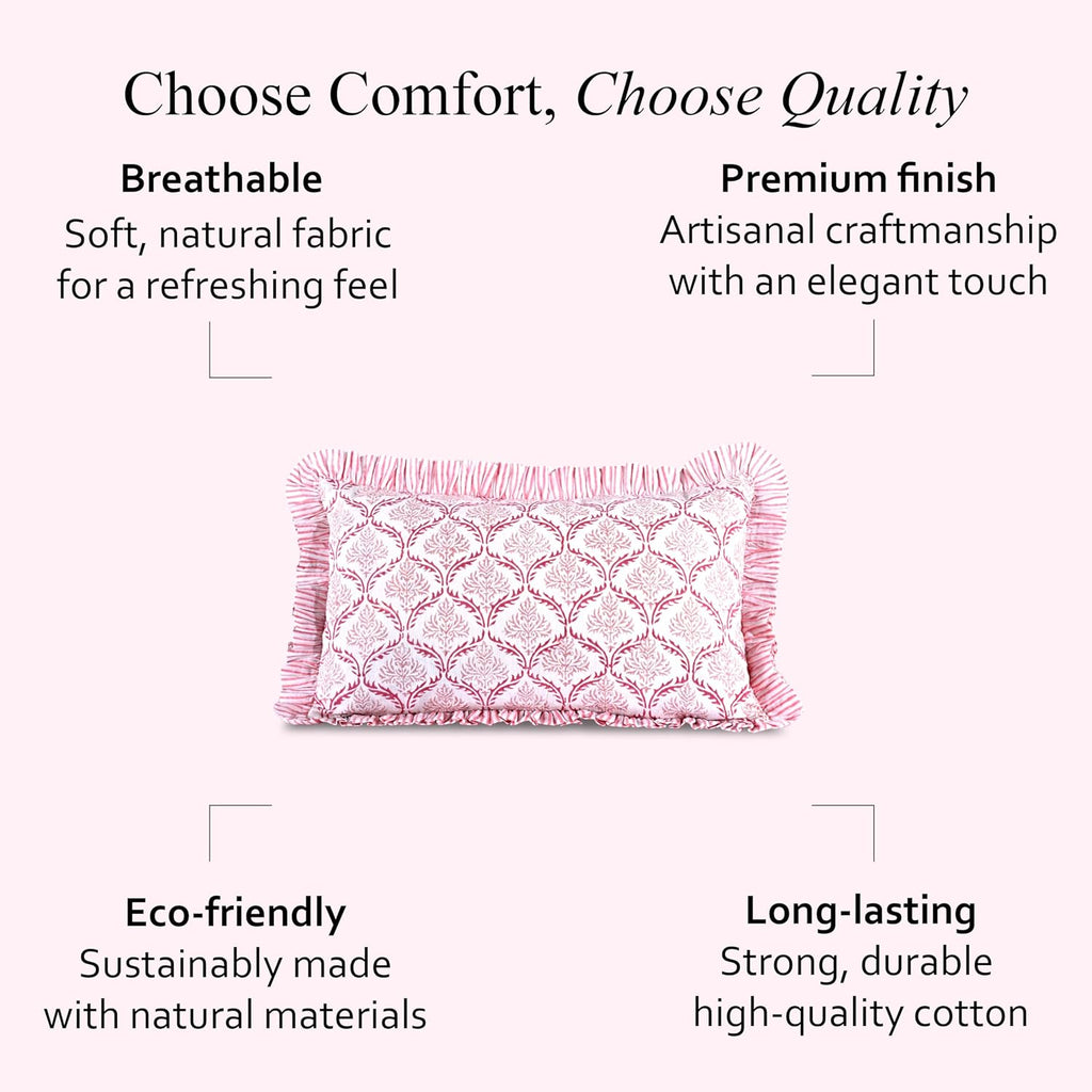 Cottonprintclub CPC Hand Block Print Blush Rose Ruffle Sham Pillow Cover 20" x 12" inch Hidden Zipper Decorative Pillowcase for Couch, Bed,…
