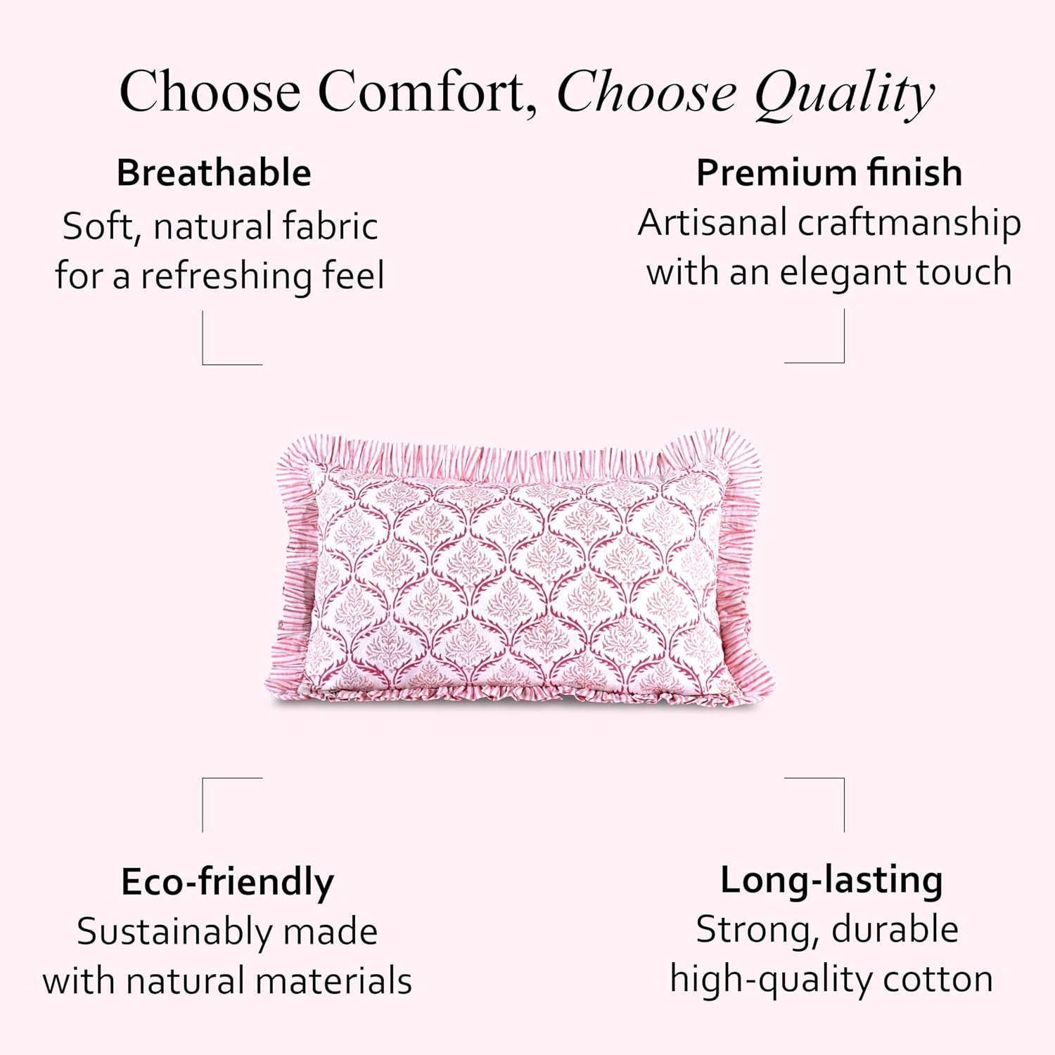 Cottonprintclub CPC Hand Block Print Blush Rose Ruffle Sham Pillow Cover 20" x 12" inch Hidden Zipper Decorative Pillowcase for Couch, Bed,…