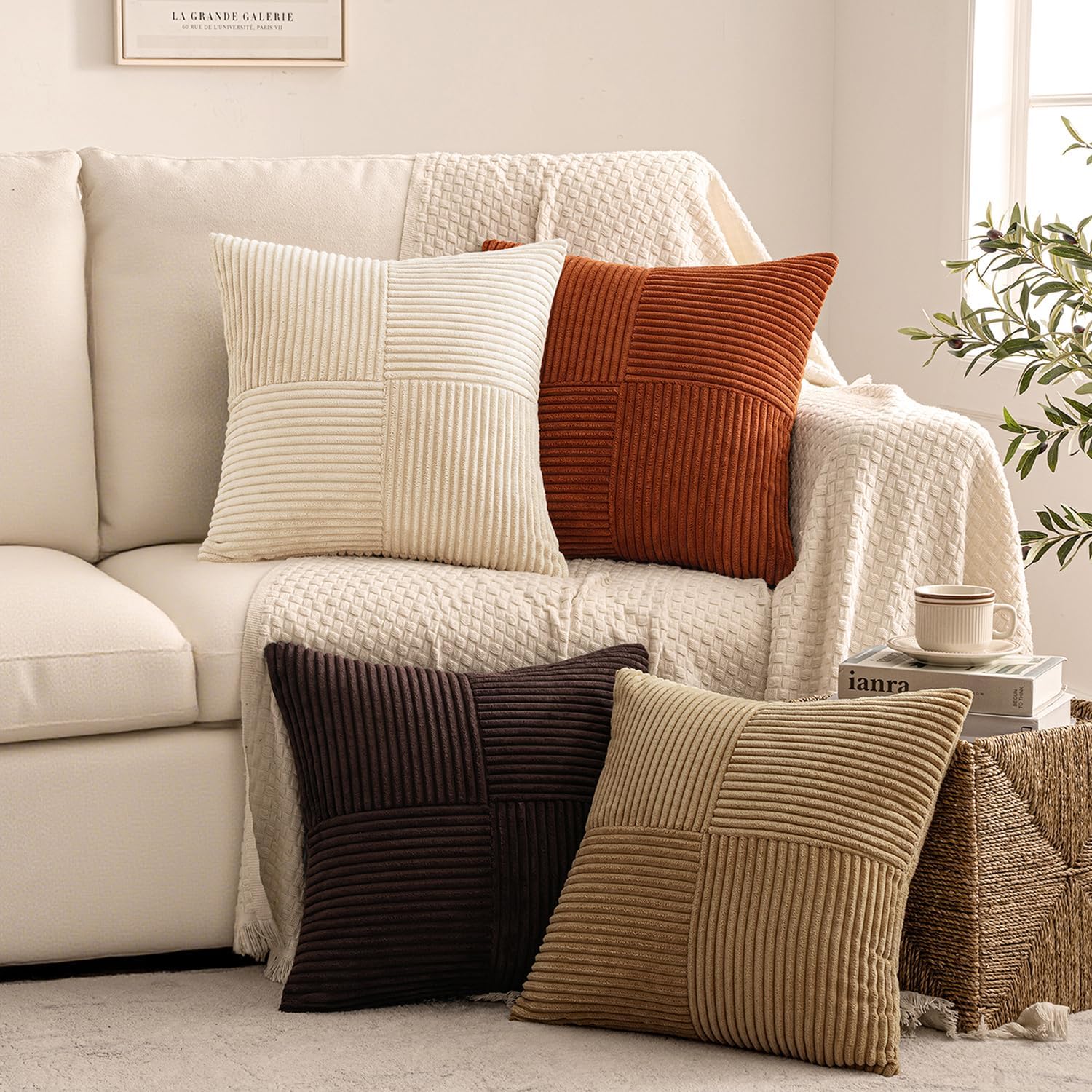 Miulee Brown Beige Throw Pillow Covers 16x16 Inch Set of 4 Boho Farmhouse Cushion Cases for Livingroom Couch Bed Soft Corduroy Pillow Cases…