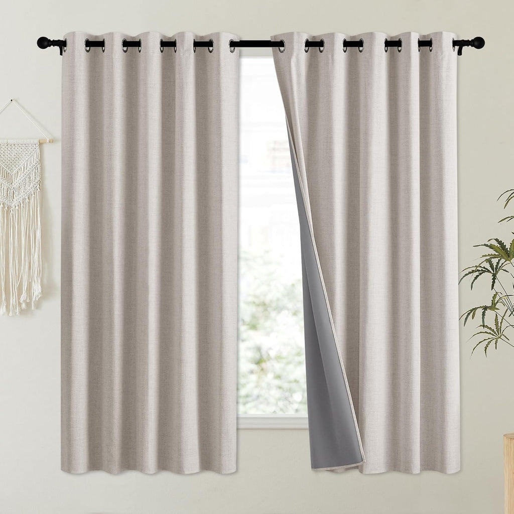 NICETOWN Brich Vintage Open Linen Weave Flax Thermal Curtains, 100% Blackout Curtains 63" Long for Dining Room, Soundproof Window…