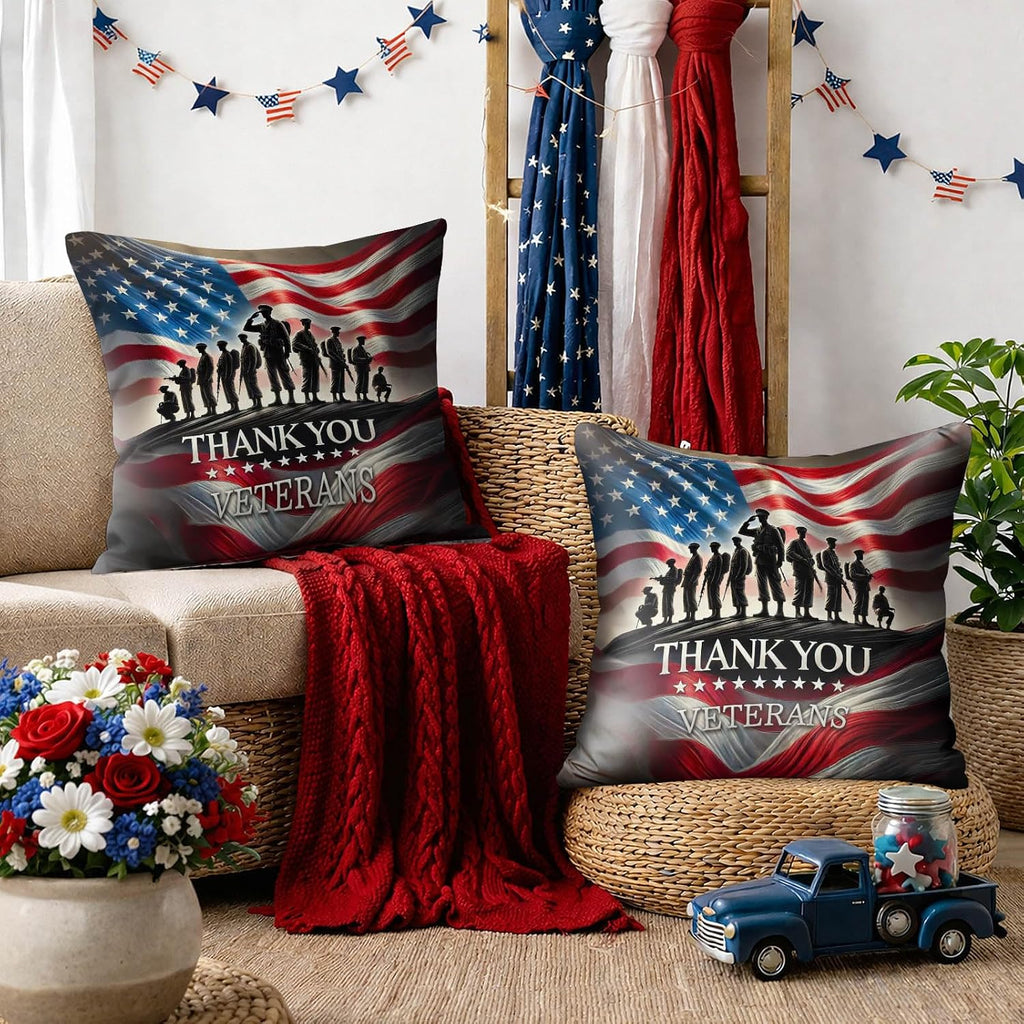 BlissYard Patriotic Throw Pillow Covers 18x18 Set of 2 American Flag Decorative Pillow Covers Thank You Veterans Patriotic Home Decor for…