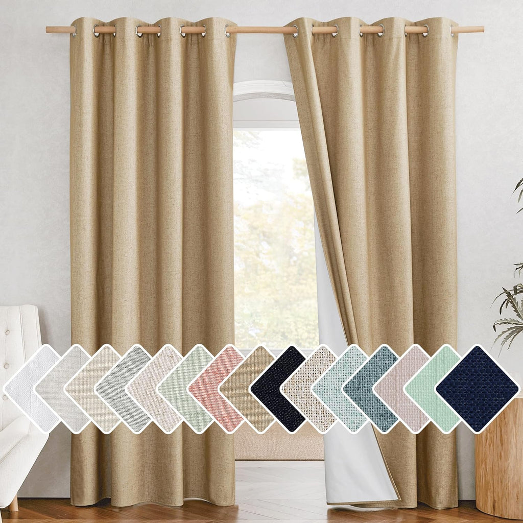 NICETOWN 100% Absolutely Blackout Linen Curtains with Thermal Insulated White Liner, Camel, W52 x L84, 2 Panels, Long Curtains 84 inch…