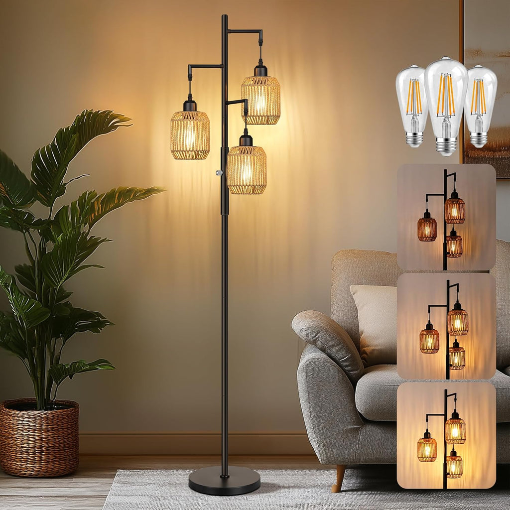 ROTTOGOON Dimmable Boho Floor Lamp - 3 Light Farmhouse Rattan Floor Lamp for Living Room, Industrial Tree Floor Lamps with 3 X 6W LED…