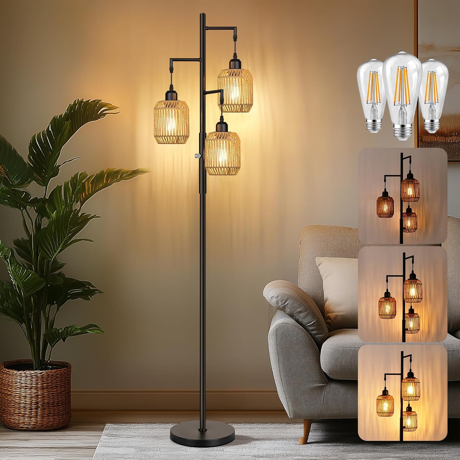 ROTTOGOON Dimmable Boho Floor Lamp - 3 Light Farmhouse Rattan Floor Lamp for Living Room, Industrial Tree Floor Lamps with 3 X 6W LED…