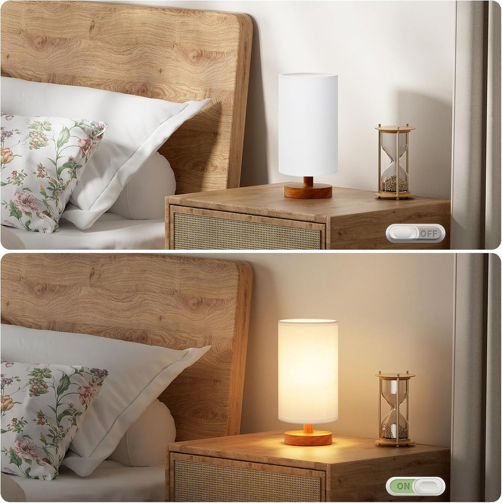 Fenmzee Small Table Lamp for Bedroom - Inline Control, Bedside Lamp with 3000K A15 LED Blub, Easy Assembly (White Shade - Walnut Base, 9"…