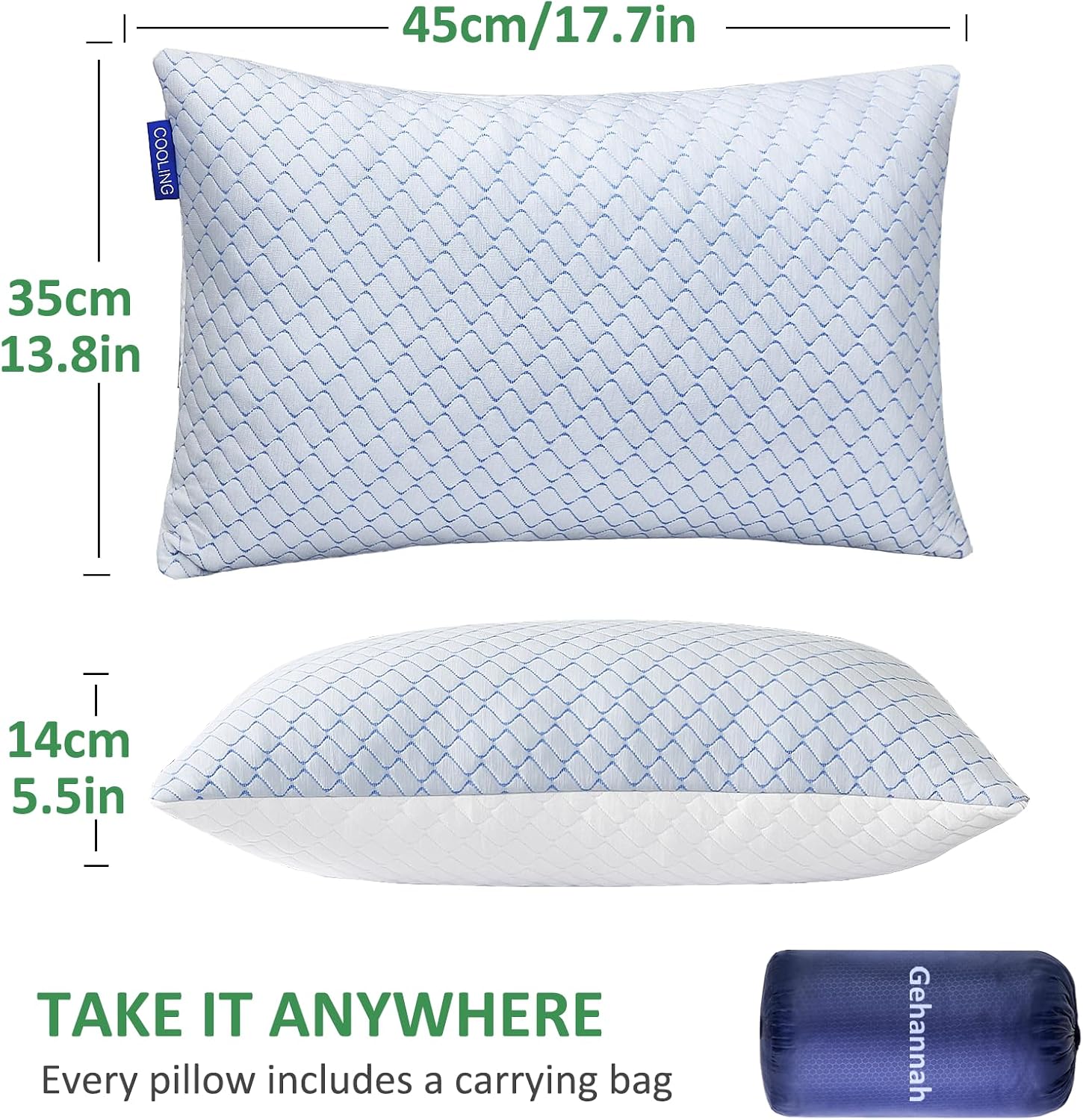 Gehannah Travel Pillow - Large 2 Pack Compressible Camping Pillow for Sleeping - Shredded Memory Foam with 2 Storage Bags - Supportive for…