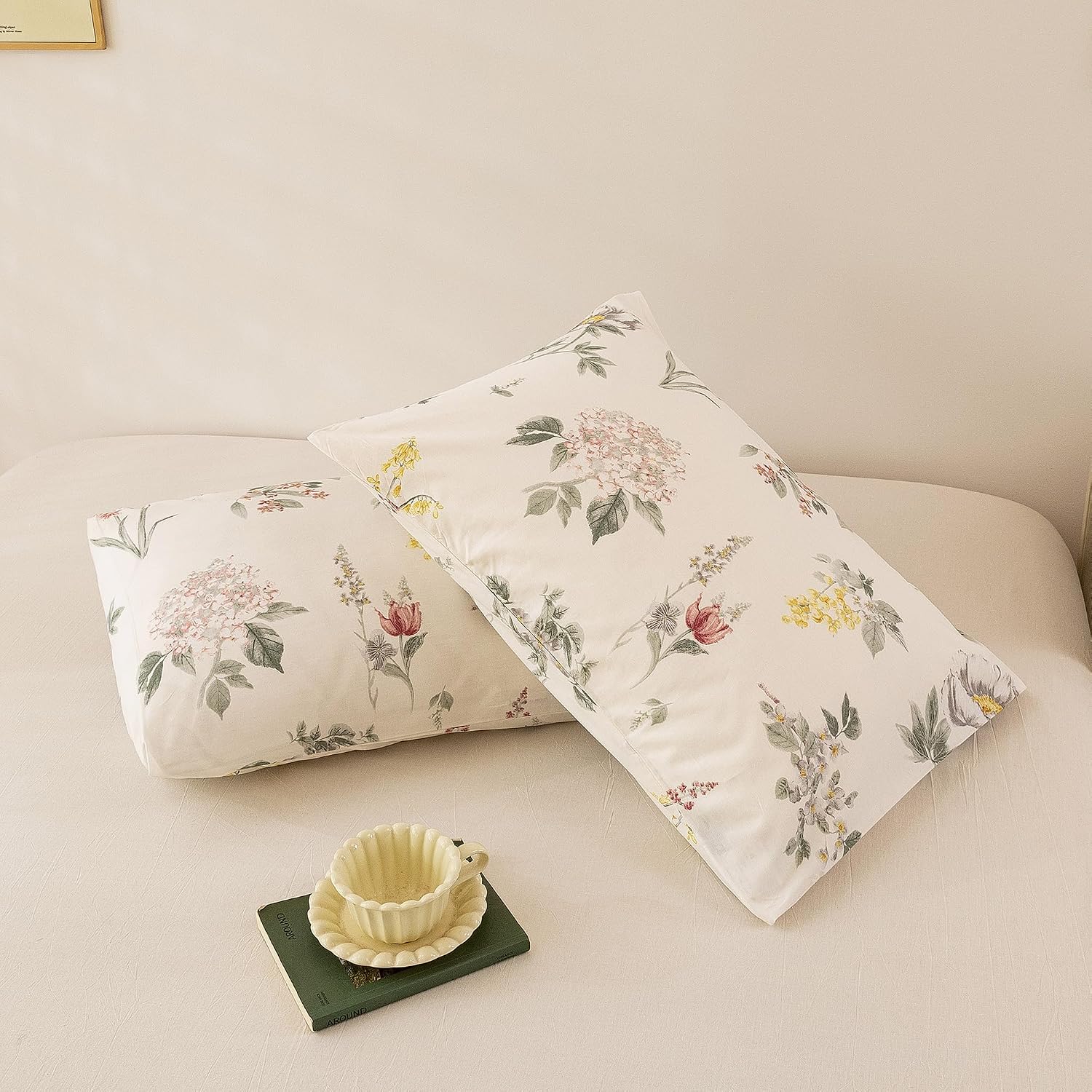 ECOCOTT Floral Pillowcases Queen Size Set of 2, 100% Washed Cotton Pillow Cases with Envelope Closure, Vintage Botanical Flower Printed…