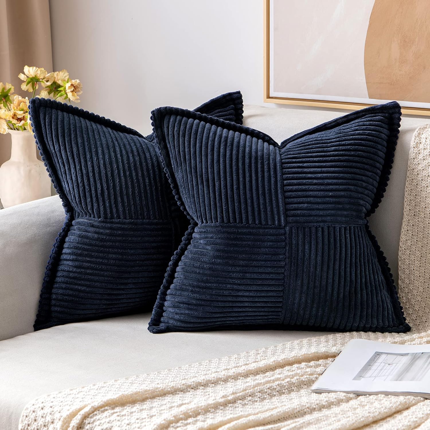 MIULEE Decorative Throw Pillow Covers for Couch Bed Livingroom 12x12 Inch Set of 2 Navy Blue Boho Accent Throw Pllows Broadside Striped…