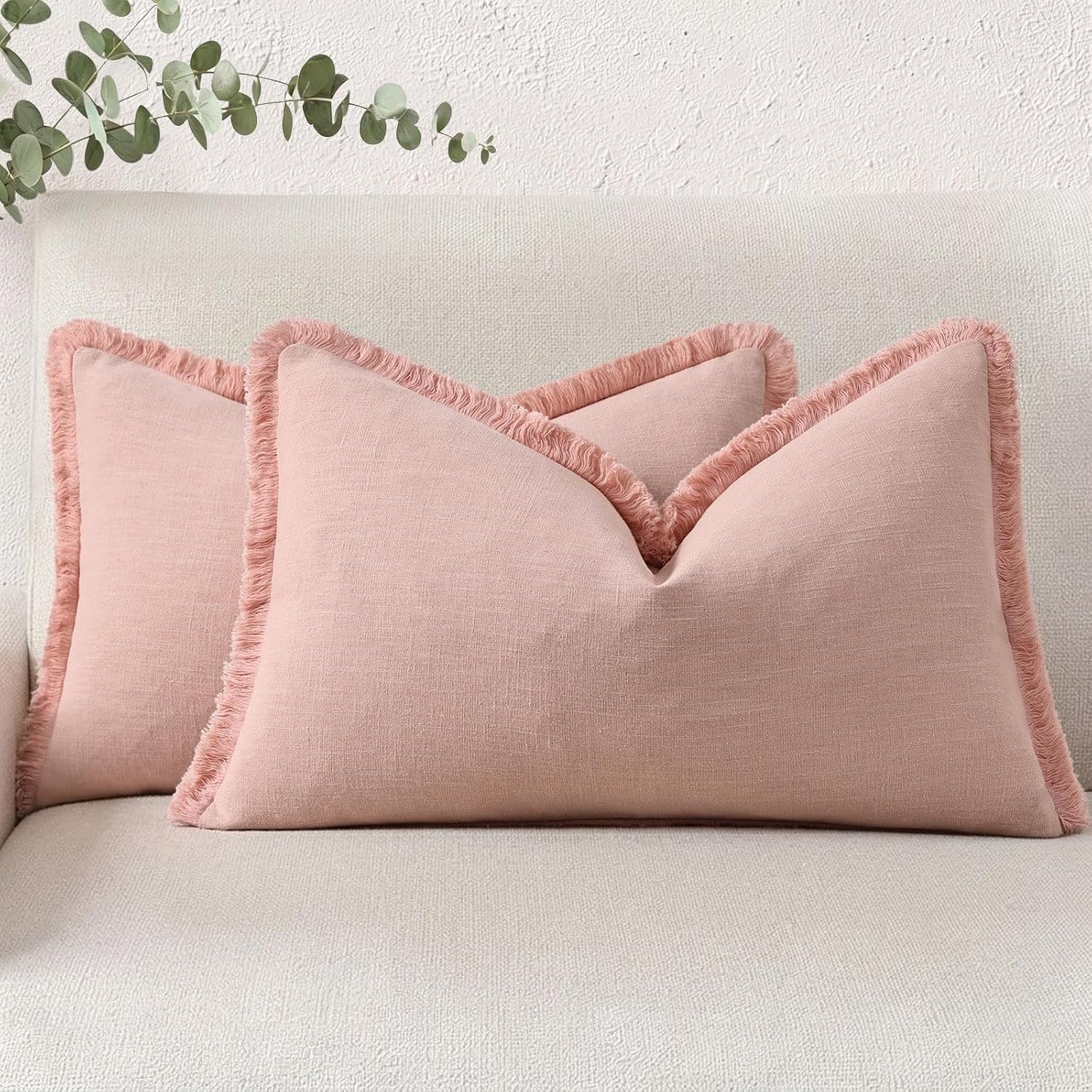 decorUhome Summer Decorative Neutral Linen Fringe Lumbar Throw Pillow Covers Set of 2 Pink Pillow Covers with Tassels Soft Farmhouse Boho A…