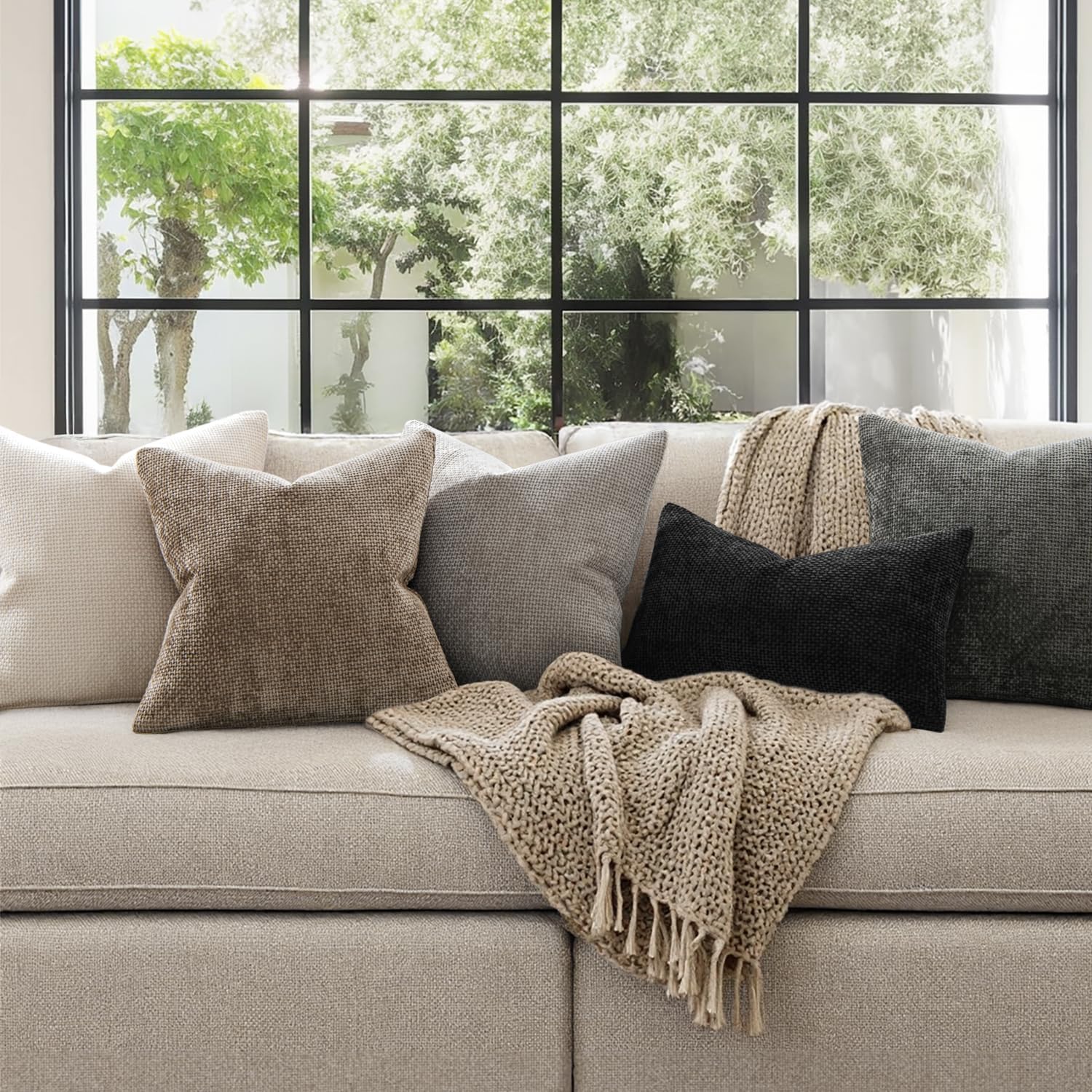 Miulee Pack of 2 Lumbar Couch Throw Pillow Covers 20x12 Inch Neutral Khaki Modern Boho Accent Decorative Pillow Covers Soft Chenille Farmho…