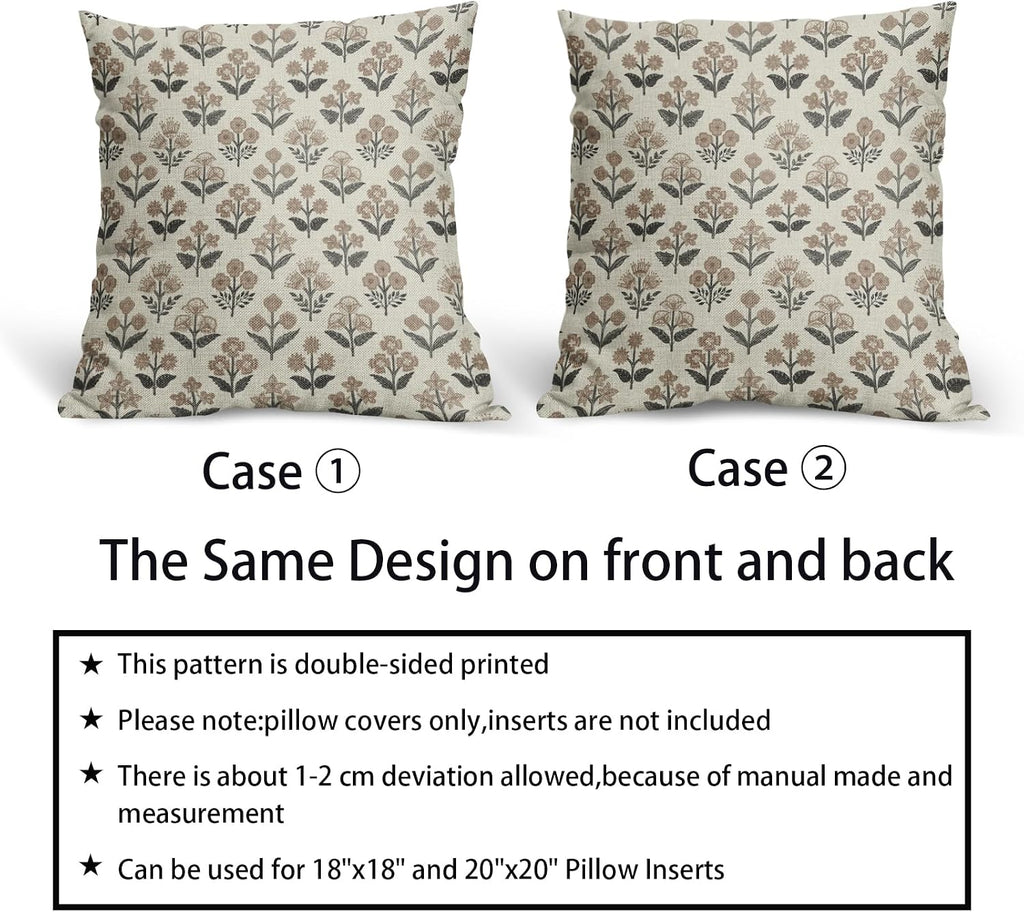 Black Brown Floral Block Print Pillow Covers 24x24 Inch Set of 2, Vintage Flower Pattern Decorative Throw Pillowcases Outdoor Farmhouse…