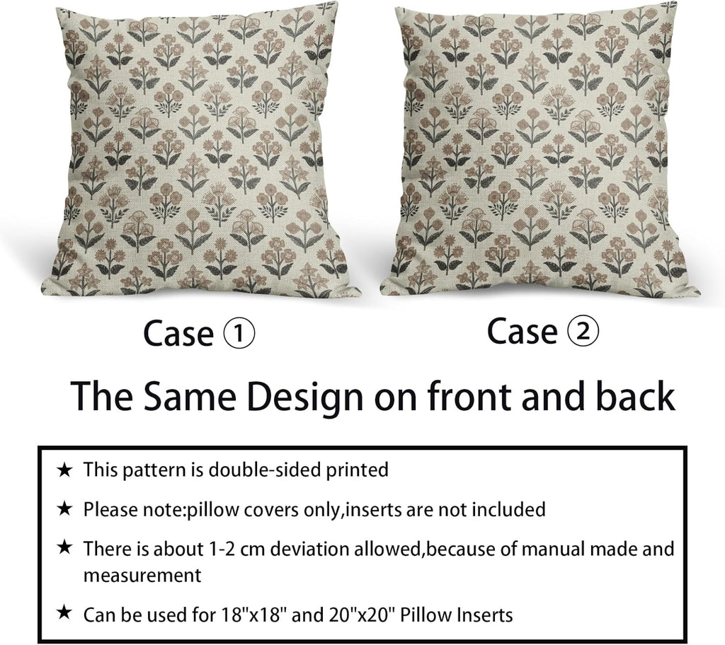 Black Brown Floral Block Print Pillow Covers 20x20 Inch Set of 2, Vintage Flower Pattern Decorative Throw Pillowcases Outdoor Farmhouse…