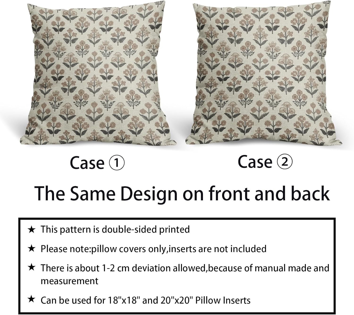 Black Brown Floral Block Print Pillow Covers 20x20 Inch Set of 2, Vintage Flower Pattern Decorative Throw Pillowcases Outdoor Farmhouse…