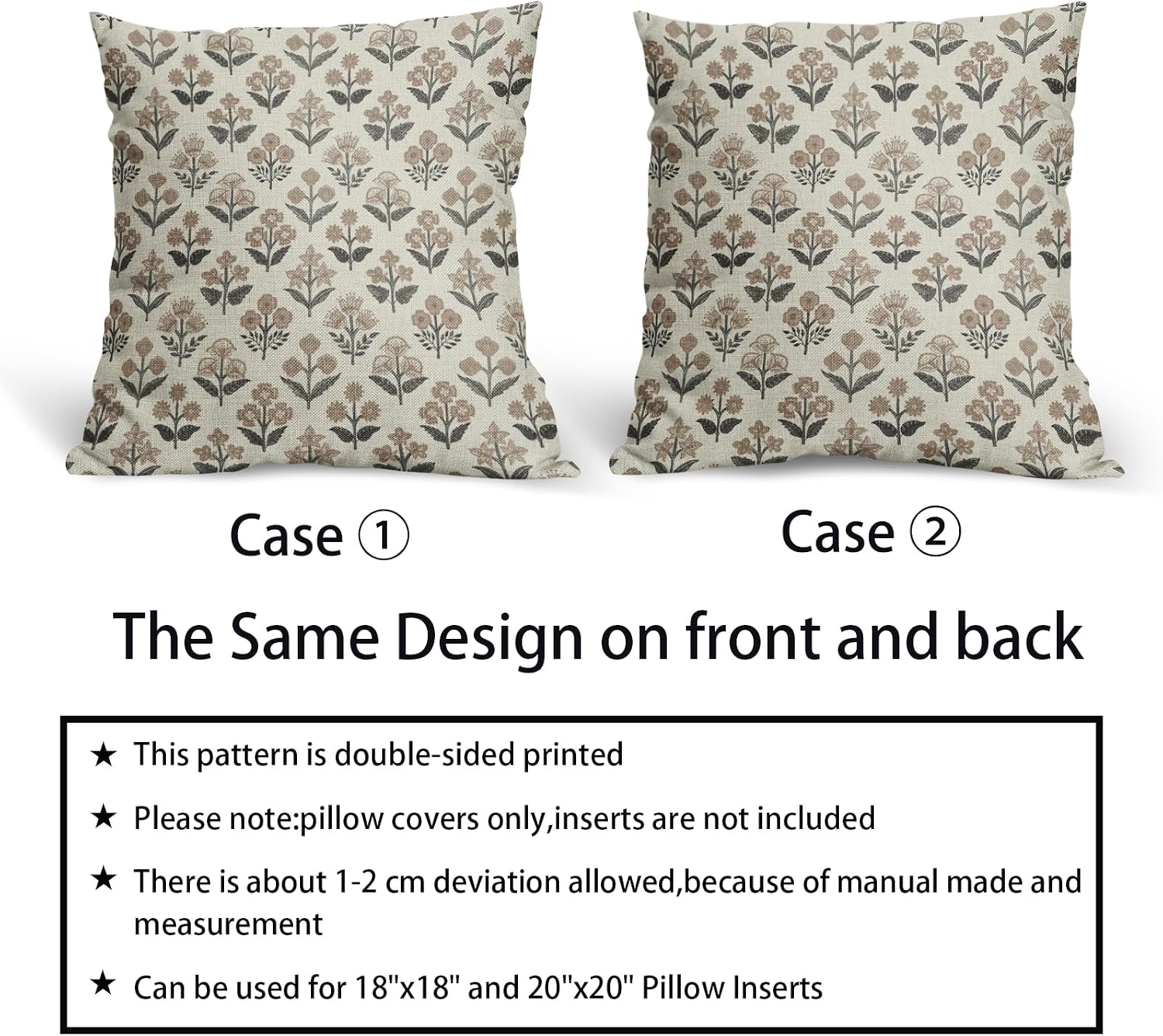 Black Brown Floral Block Print Pillow Covers 16x16 Inch Set of 2, Vintage Flower Pattern Decorative Throw Pillowcases Outdoor Farmhouse…