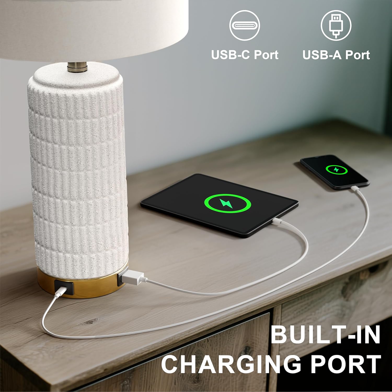 PoKat Stone-Like Ceramic Table Lamps with USB Ports for Bedroom, 25'' Matte-White Dimmable Nightstand Touch Lamps for Night Stands with…