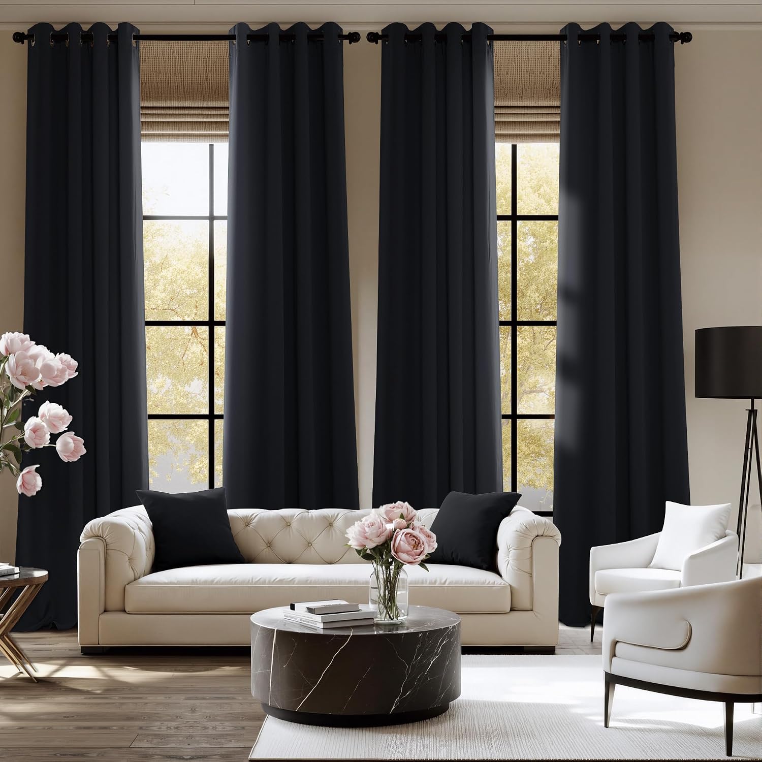Nicetown 95 Inch Blackout Curtains, Grommet 2 Panels Thermal Insulated Black Room Darkening Drapes, Extra Long Window Curtains for Bedroom…
