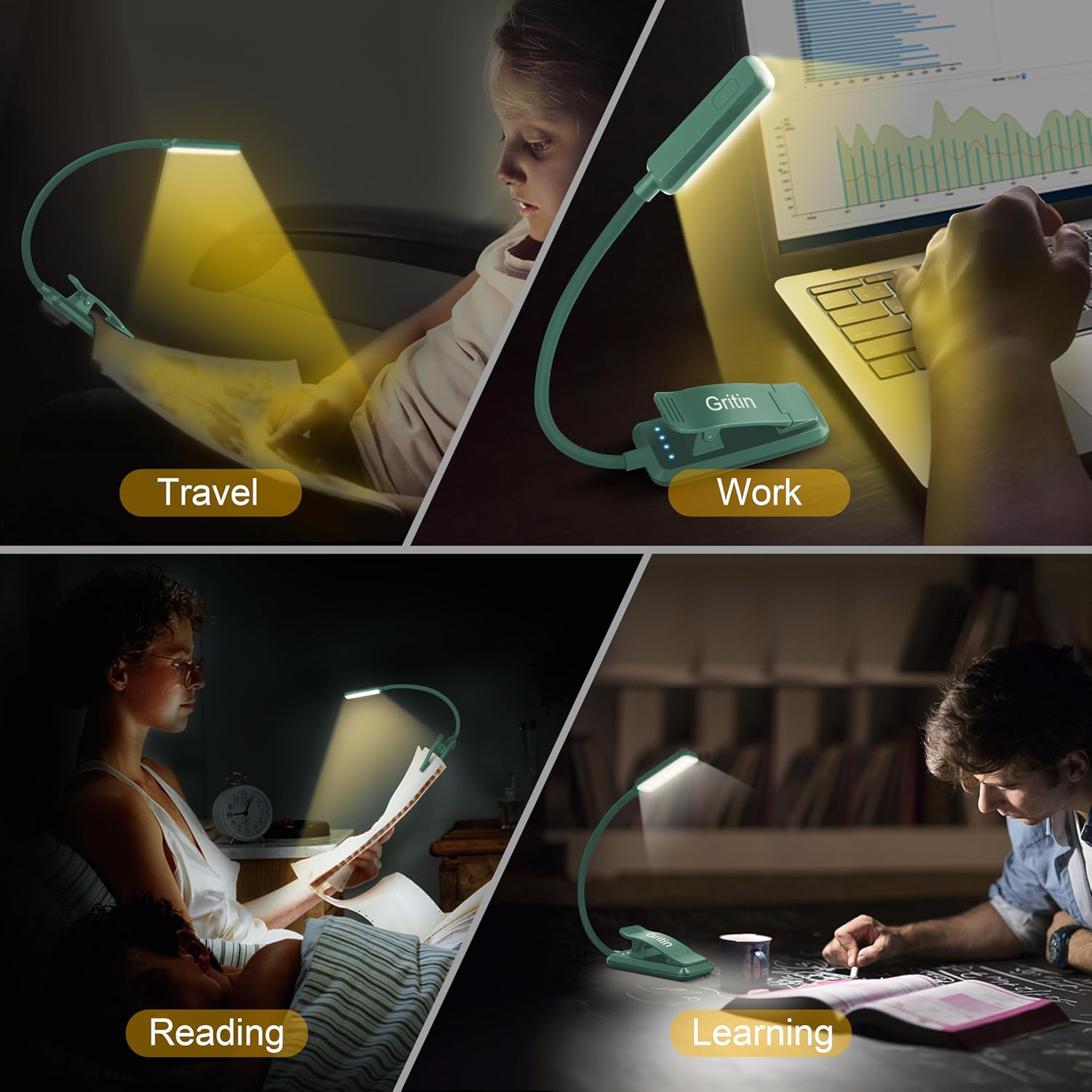 Gritin 9 LED Rechargeable Book Light for Reading in Bed - Eye Caring 3 Color Temperatures, Stepless Dimming Brightness,80 Hrs Runtime…