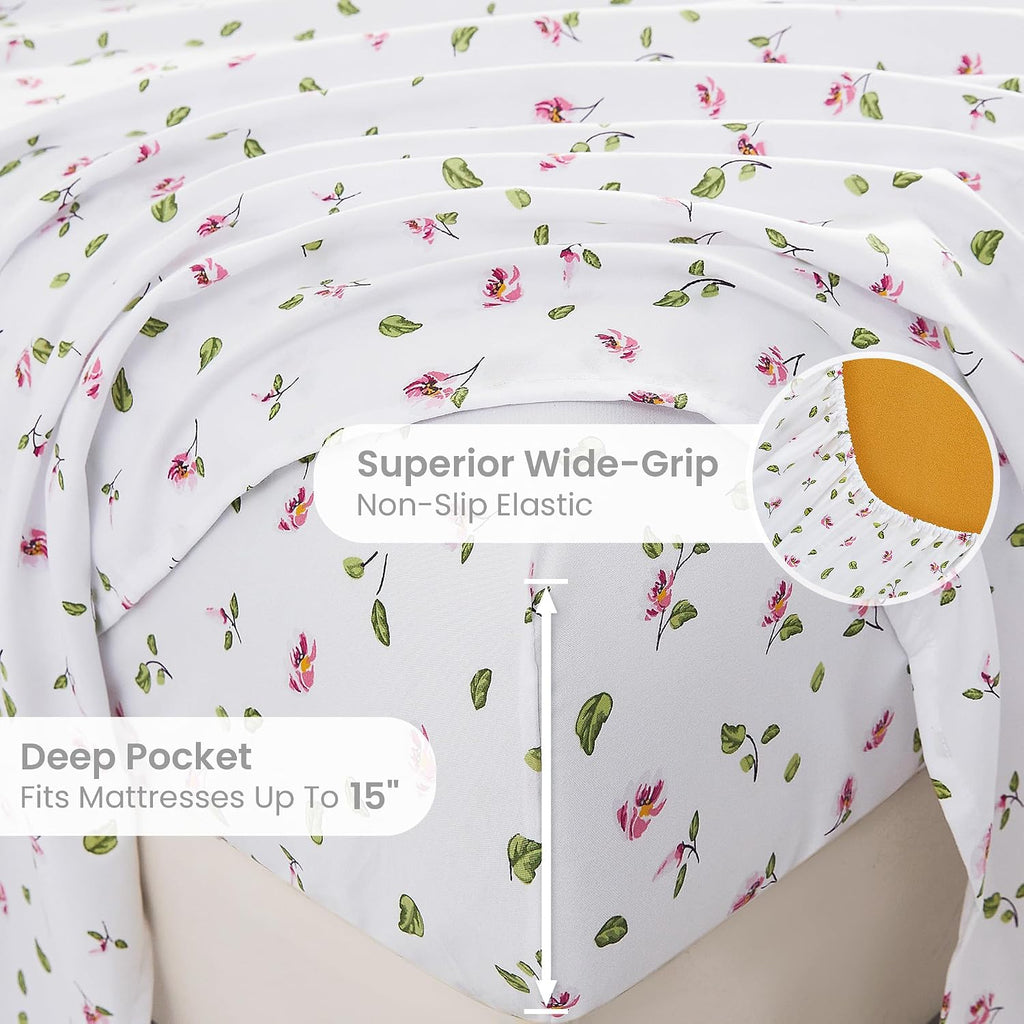 mooreeke Queen Sheets Set - 4 Pieces Soft Breathable Microfiber Bed Sheet Set - Pink Flower Green Leaf Pattern Sheet Set - Deep Pocket Non-…