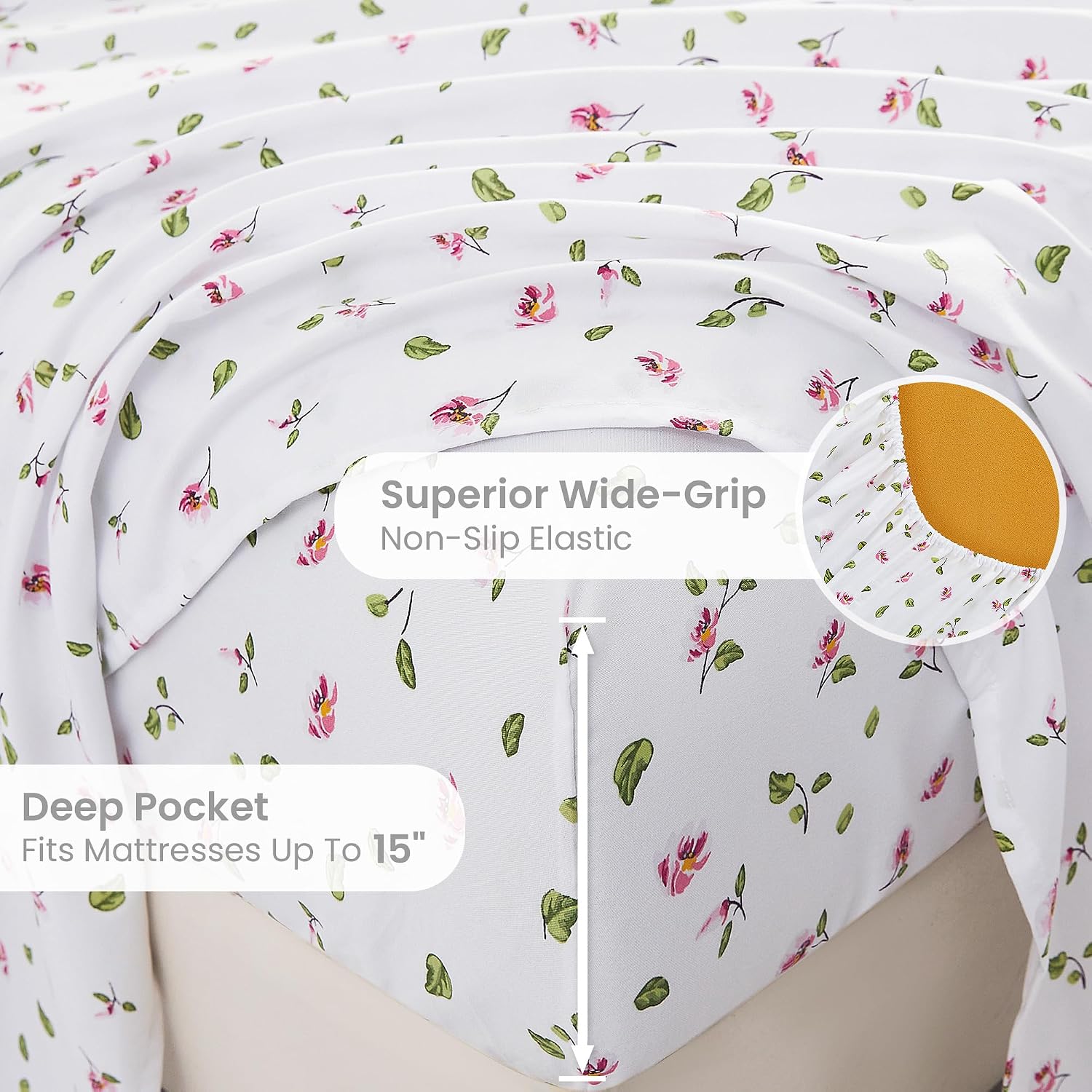 mooreeke Queen Sheets Set - 4 Pieces Soft Breathable Microfiber Bed Sheet Set - Pink Flower Green Leaf Pattern Sheet Set - Deep Pocket Non-…